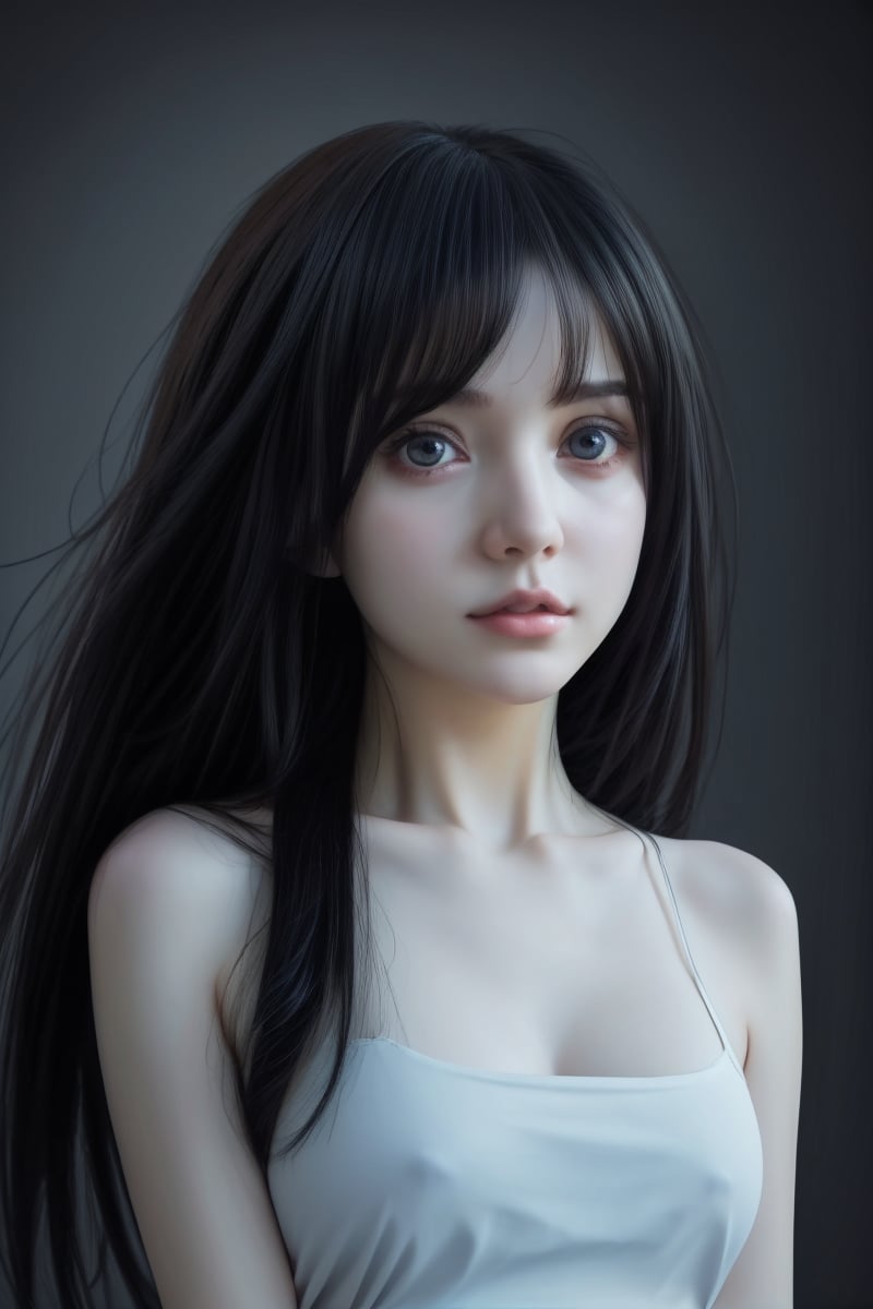 (8k,  best quality,  masterpiece:1.2), (best quality:1.0),  (ultra highres:1.0),  a beautiful girl,  big eyes,  by agnes cecile,  from head to waist,  extremely luminous bright design,  autumn lights,  long black shiny hair,  black background,  , masterpiece,<lora:EMS-84091-EMS:1.000000>,<lora:EMS-247105-EMS:0.800000>