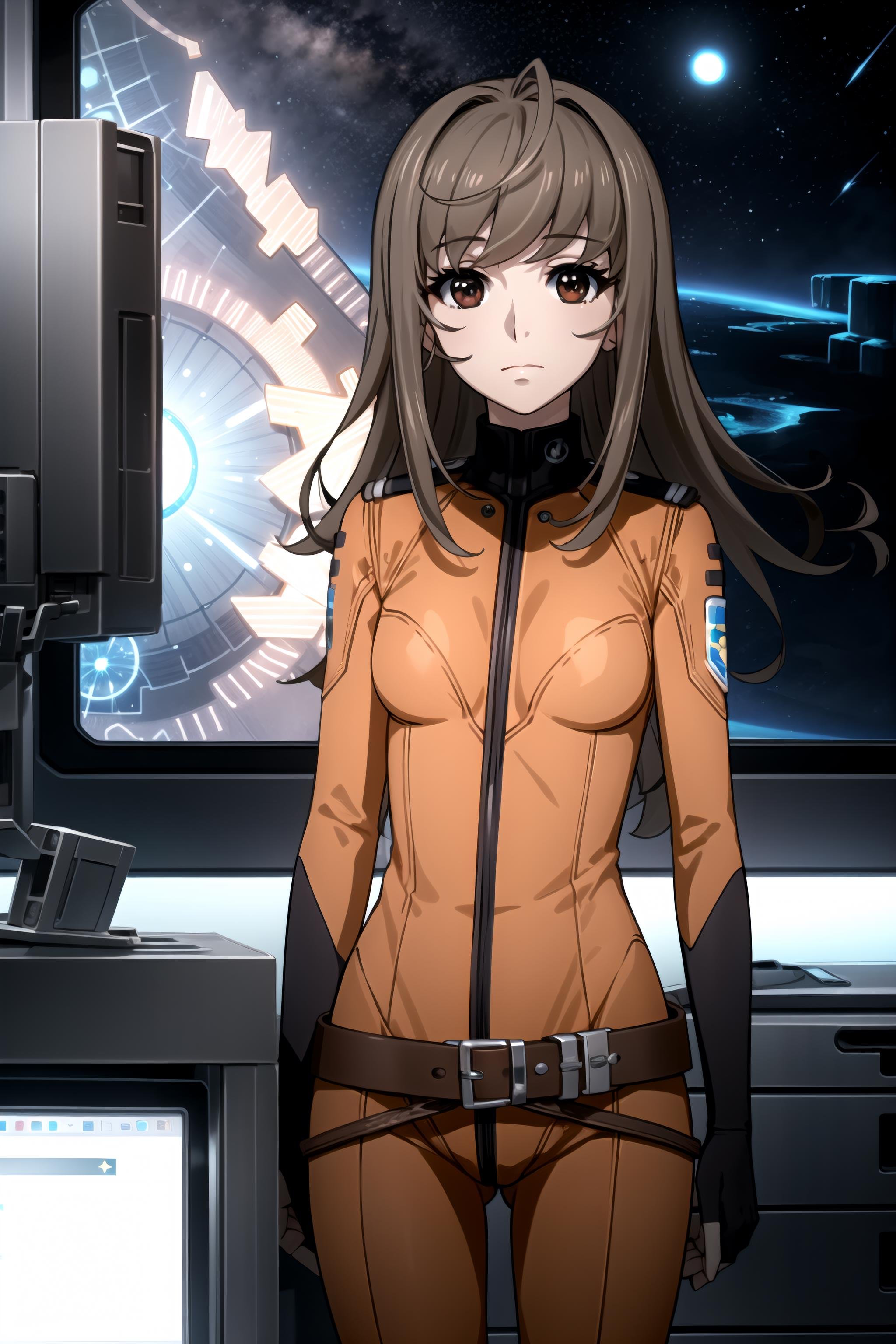 best quality, masterpiece, detailed,<lora:SpaceBattleshipYamato2199_MisakiYuria:0.9>, MisakiYuria,closed mouth,brown hair, long hair, brown eyes,MisakiBodysuit, orange bodysuit, belt,standing, looking at the viewer,science fiction, night, starry sky