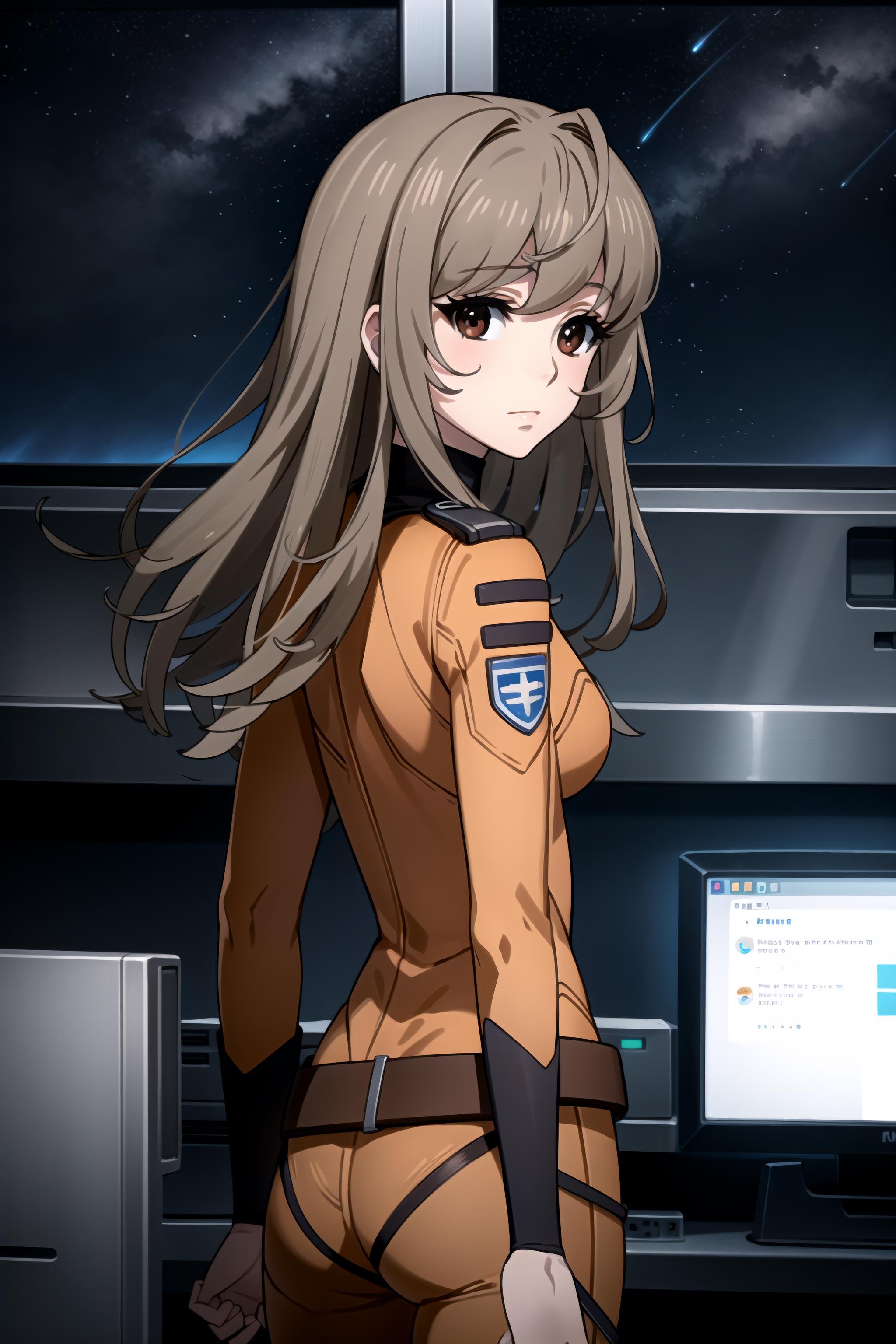 best quality, masterpiece, detailed,<lora:SpaceBattleshipYamato2199_MisakiYuria:0.9>, MisakiYuria,closed mouth,brown hair, long hair, brown eyes,MisakiBodysuit, orange bodysuit, belt,standing, looking at the viewer, from back, science fiction, night, starry sky