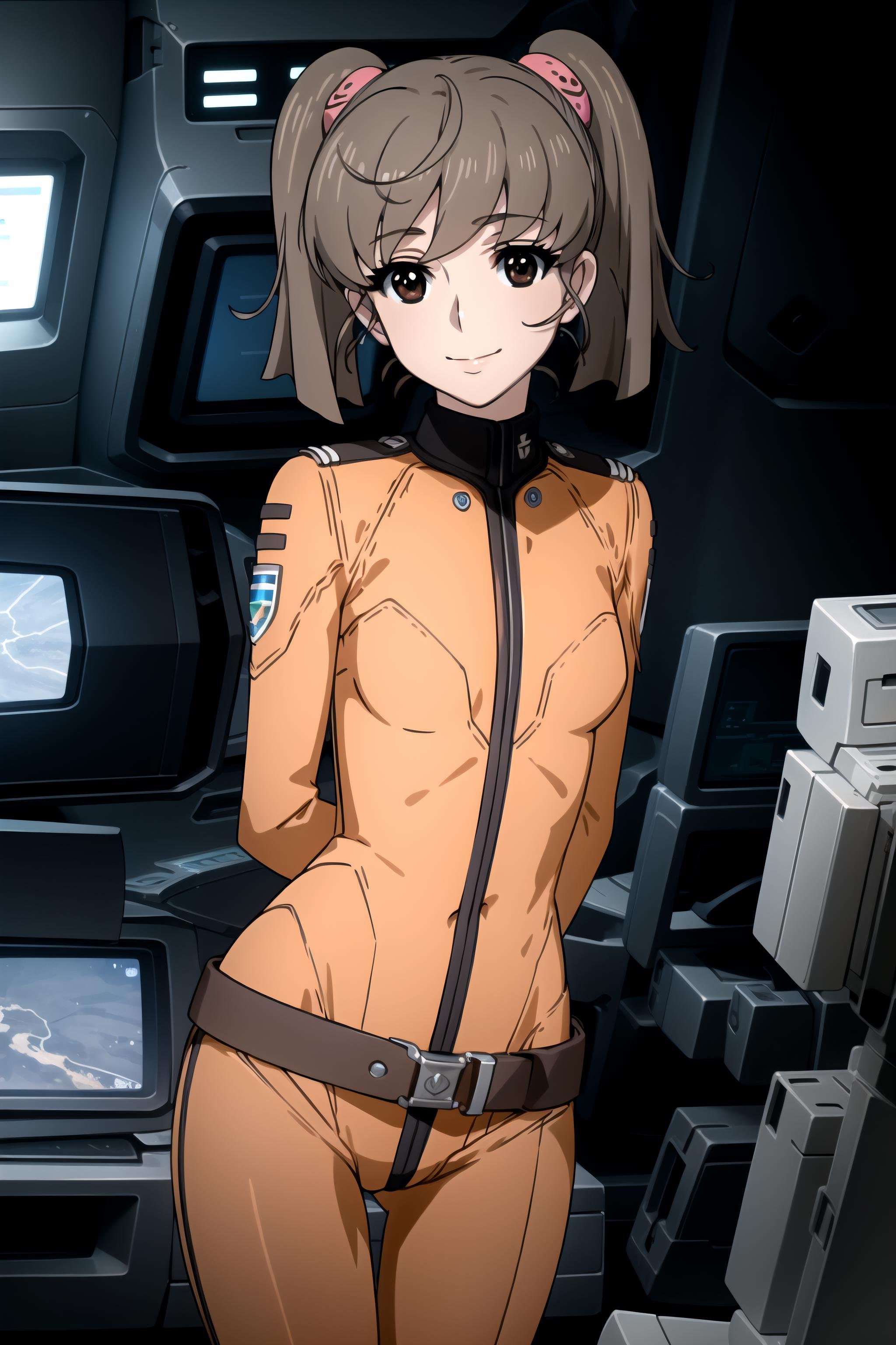 best quality, masterpiece, detailed,<lora:SpaceBattleshipYamato2199_MisakiYuria:0.9>, misakiyuria,closed mouth, light smile,brown hair, straight hair, twintails, brown eyes, hair scrunchie,MisakiBodysuit, orange bodysuit, belt,standing, head tilt, leaning forward, arms behind back, looking at the viewer, from side,science fiction, cockpit