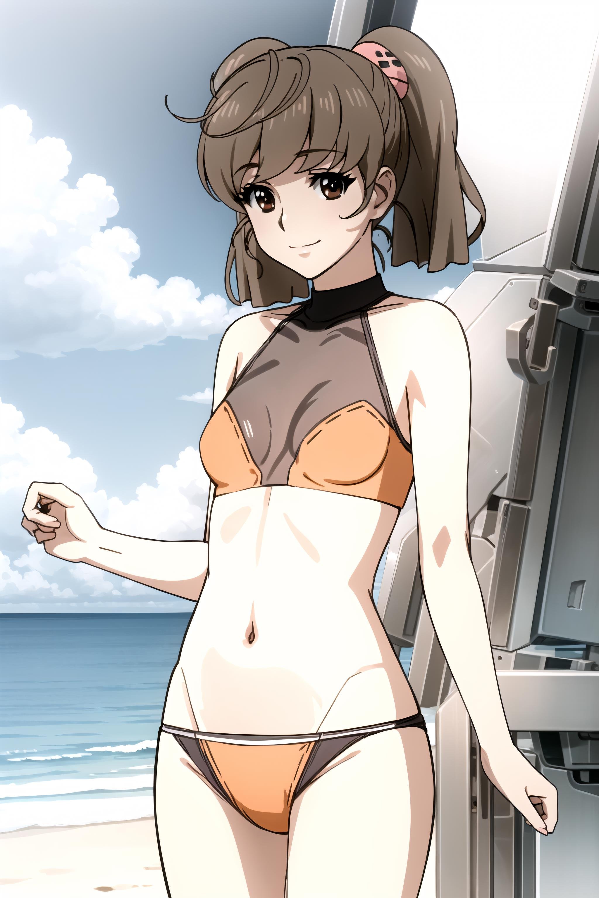 best quality, masterpiece, detailed,<lora:SpaceBattleshipYamato2199_MisakiYuria:0.9>, MisakiYuria,closed mouth, light smile, brown hair, twintails, brown eyes, hair scrunchie,MisakiSwimsuit, small breasts, orange bikini, see-through,standing, looking at the viewer, water, beach, sand