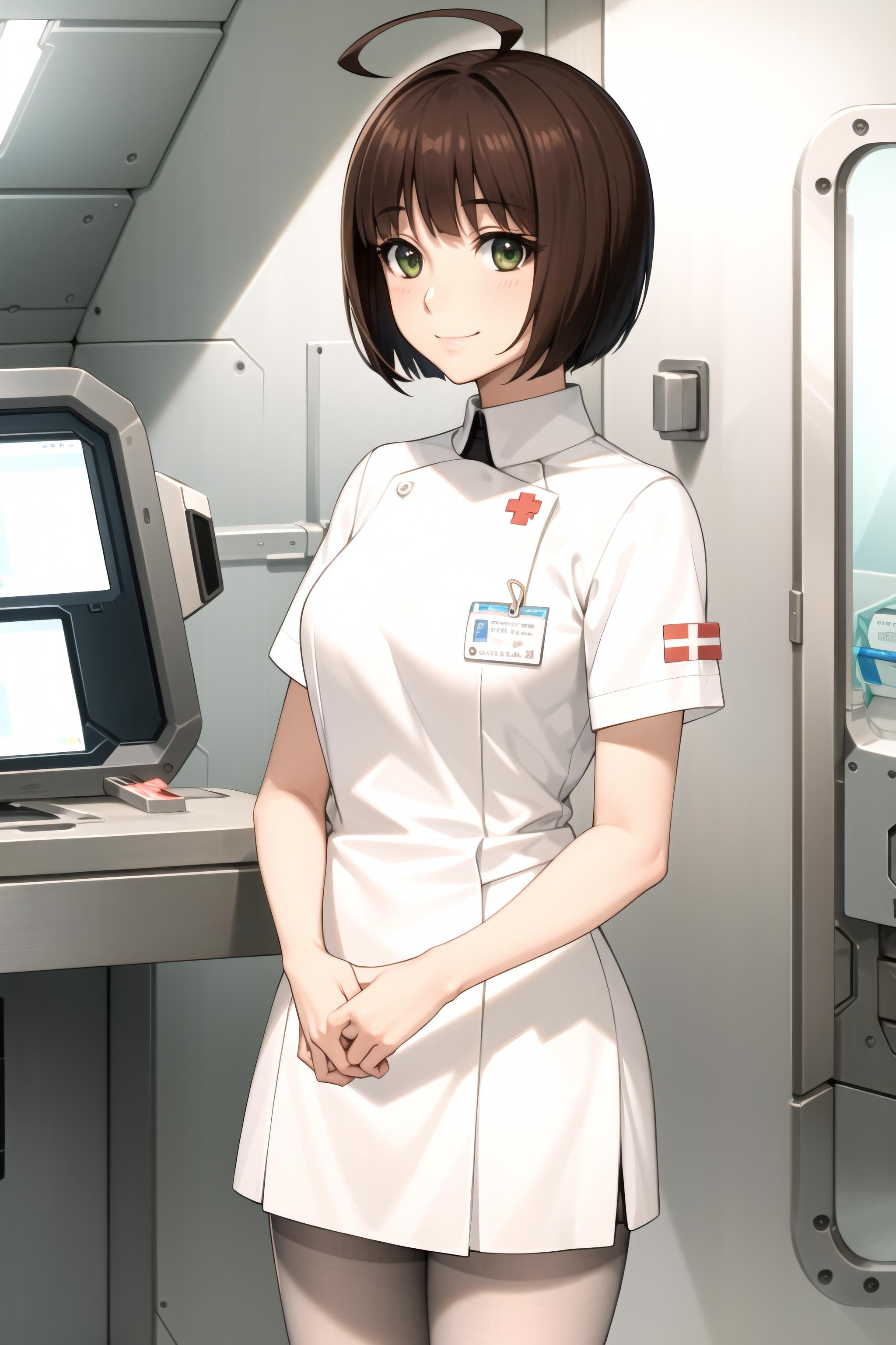 best quality, masterpiece, detailed,<lora:SpaceBattleshipYamato2199_HaradaMakoto:0.8>, HaradaMakoto,solo, closed mouth, light smile,brown hair, short hair, bob cut, ahoge, green eyes,MakotoNurse, nurse, white pantyhose, name tag,standing, looking at the viewer, own hands together,indoors, science fiction, hospital