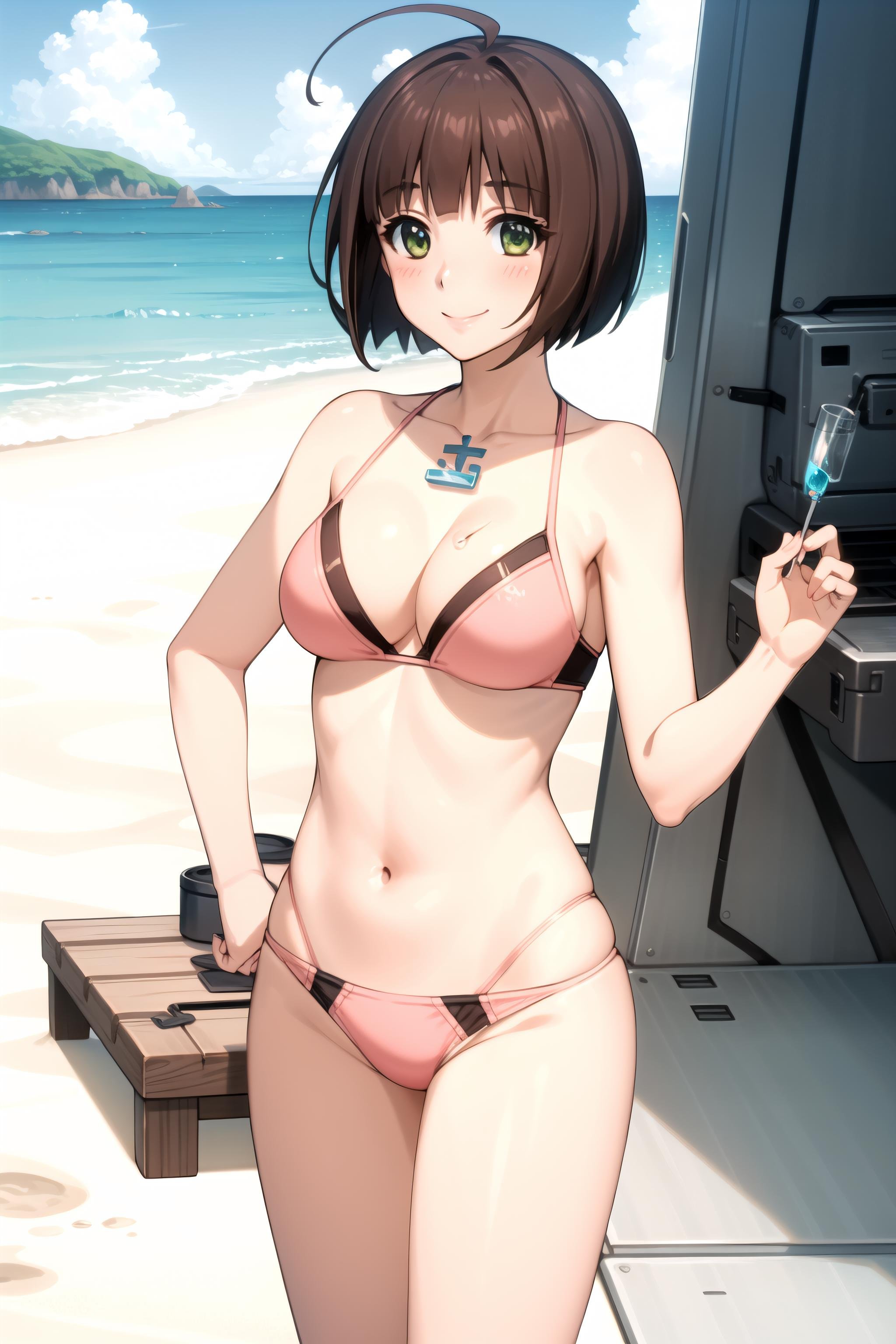 best quality, masterpiece, detailed,<lora:SpaceBattleshipYamato2199_HaradaMakoto:0.8>, HaradaMakoto,solo, openmouth, light smile, blush,brown hair, short hair, bob cut, ahoge, green eyes,MakotoSwimsuit, pink bikini, see-through,standing, looking at the viewer, hand on hip,beach, water, science fiction