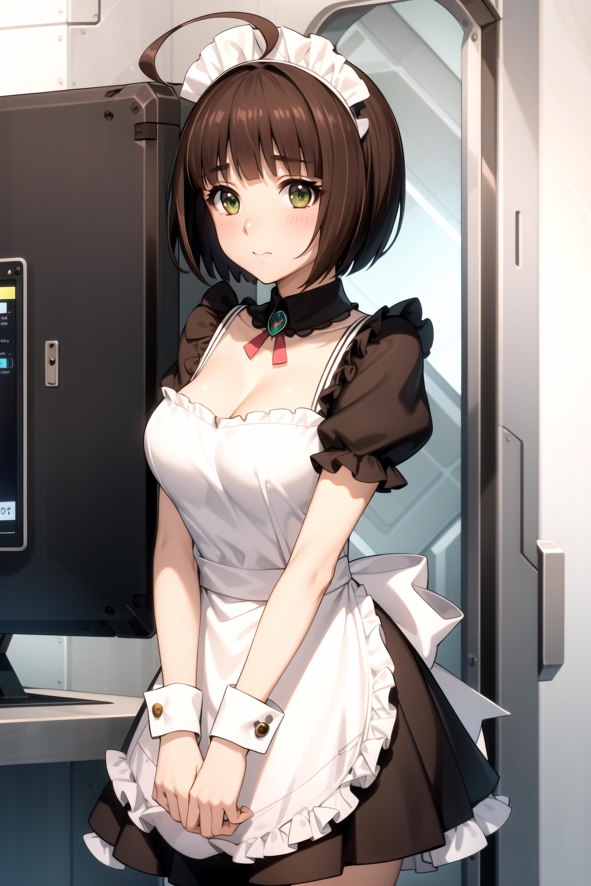 best quality, masterpiece, detailed,<lora:SpaceBattleshipYamato2199_HaradaMakoto:0.9>, HaradaMakoto,closed mouth, blush,brown hair, short hair, bob cut, ahoge, green eyes,MakotoCosplay, maid, maid headdress, puffy sleeves, short sleeves, black sleeves, apron, choker, jewel, cleavage, wrist cuffs,standing, looking at the viewer, arms behind back,indoors, science fiction, cockpit