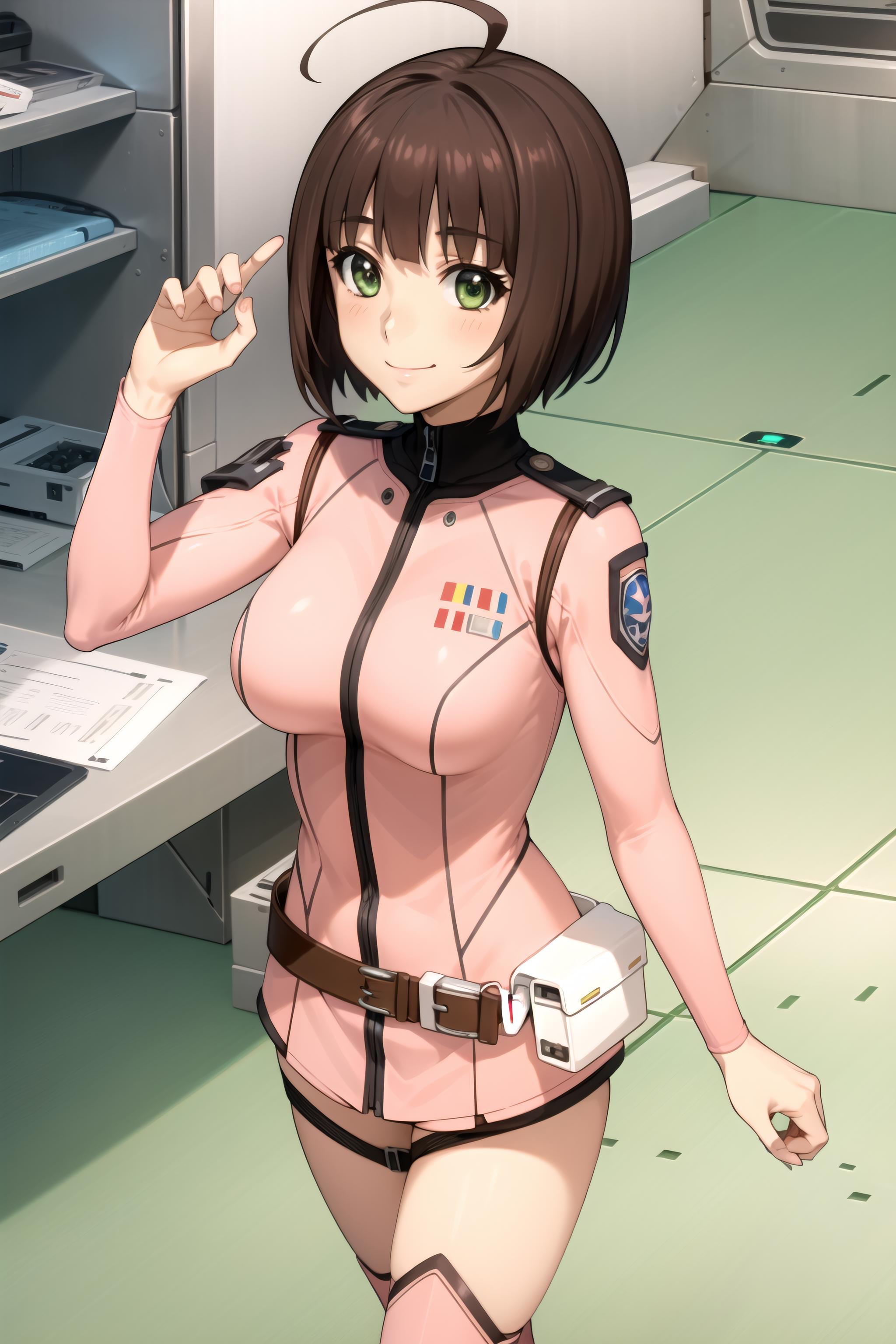 best quality, masterpiece, detailed,<lora:SpaceBattleshipYamato2199_HaradaMakoto:0.8>, HaradaMakoto,closed mouth, light smile, brown hair, short hair, ahoge, green eyes,MakotoMedic, pink bodysuit, belt, pink footwear,standing, looking at the viewer, indoors, science fiction, cockpit