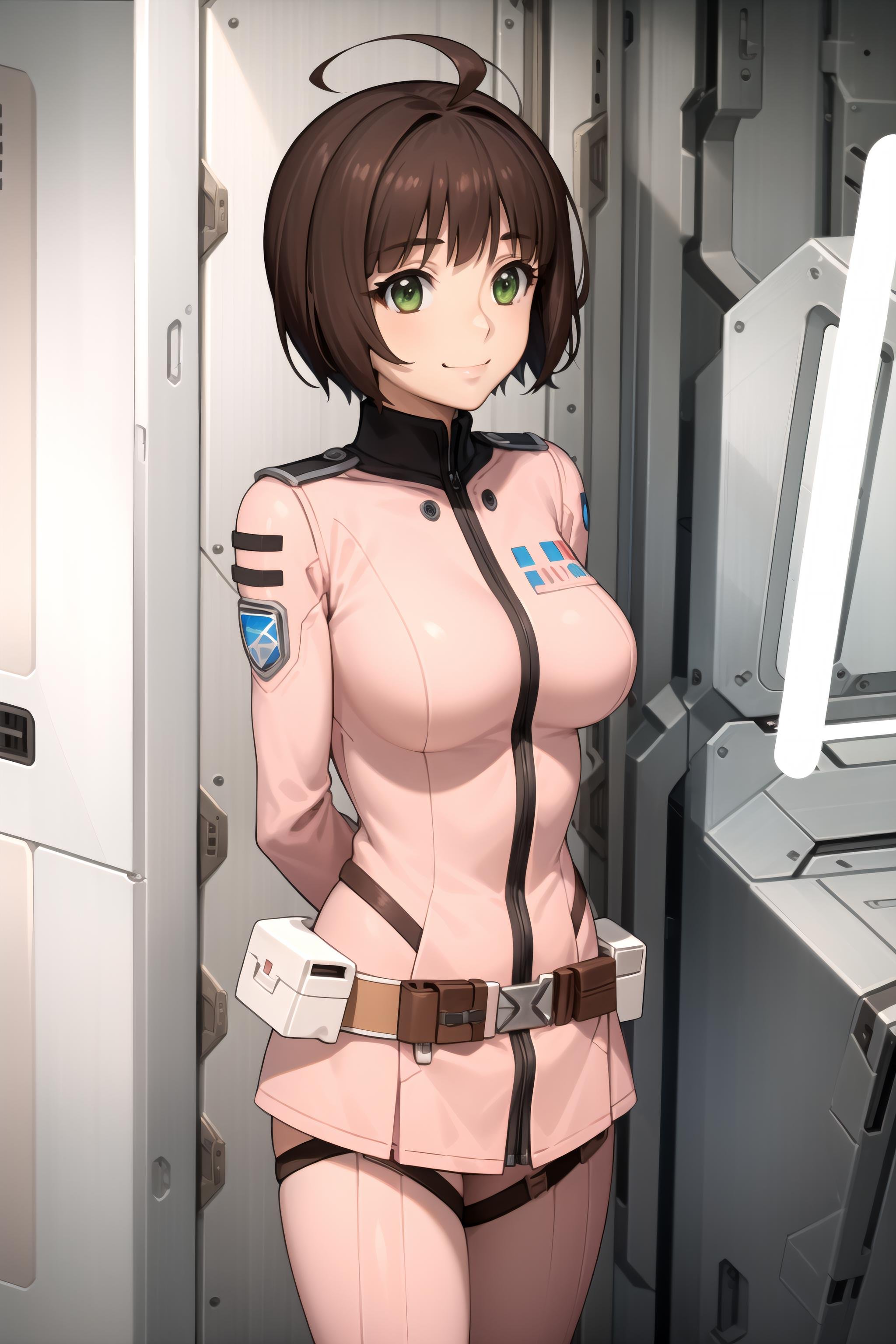 best quality, masterpiece, detailed,<lora:SpaceBattleshipYamato2199_HaradaMakoto:0.8>, HaradaMakoto,closed mouth, light smile, brown hair, short hair, ahoge, green eyes,MakotoMedic, pink bodysuit, belt, pink footwear,standing, looking at the viewer, arms behind back,indoors, science fiction, cockpit