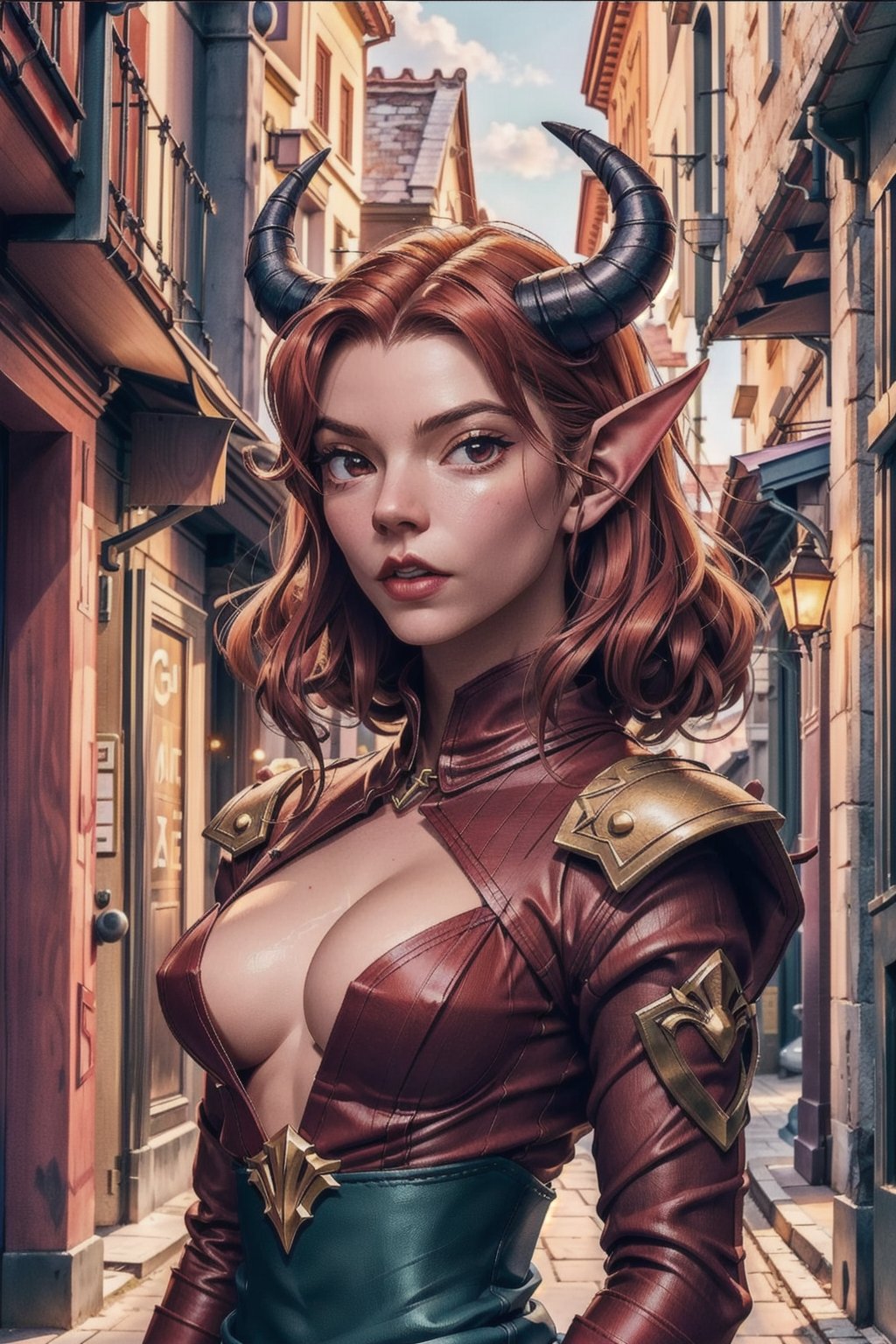 a portrait of a dark elf tiefling warlock, with a detailed toned body, (big chest), red hair,  she is in an alley at night, stunningly beautiful, highly detailed. Cinematic lighting, horns,anyataylorj0yy