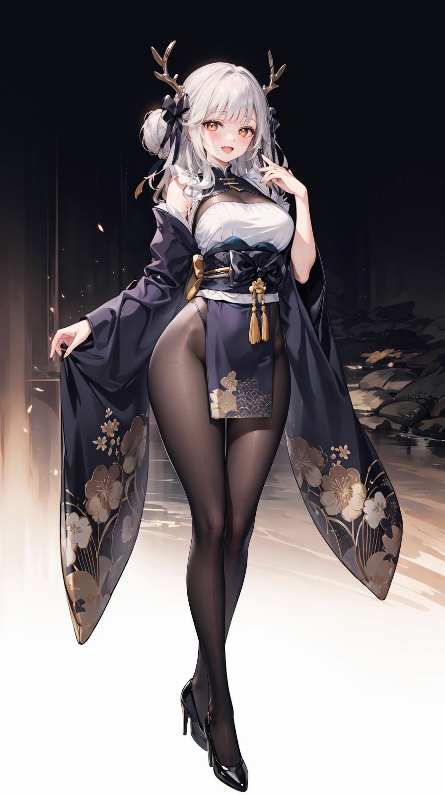 (extremely detailed CG, best quality:1.1), 1girl, perfect face, bright pupils, (finely detailed beautiful eyes:1.1), half-closed eyes, shiny skin, lustrous skin, wide hips, narrow waist, double bun, yellow eyes, horns, antlers, hair ornament, japanese clothes, black kimono, pantyhose, black bodystocking, bow, :d, large breasts, black high heels, full body, standing, v legs,  <lora:BlancWhiteRabbitOutfit:0.5>