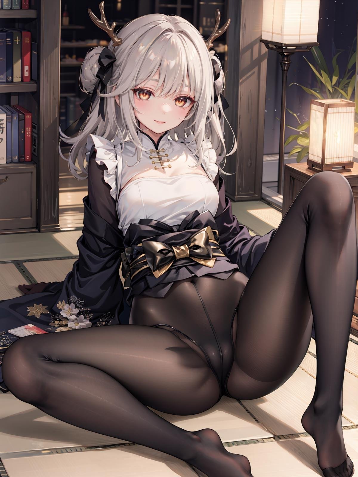 (extremely detailed CG, best quality:1.1), 1girl, perfect face, bright pupils, (finely detailed beautiful eyes:1.1),( half-closed eyes:1.1), shiny skin, lustrous skin, wide hips, narrow waist, double bun, yellow eyes, horns, antlers, hair ornament, japanese clothes, black kimono, pantyhose, black bodystocking, bow, seductive smile, evil smile, lying, on floor, spread legs, feet, full body, depth of field, <lora:BlancWhiteRabbitOutfit:0.5>