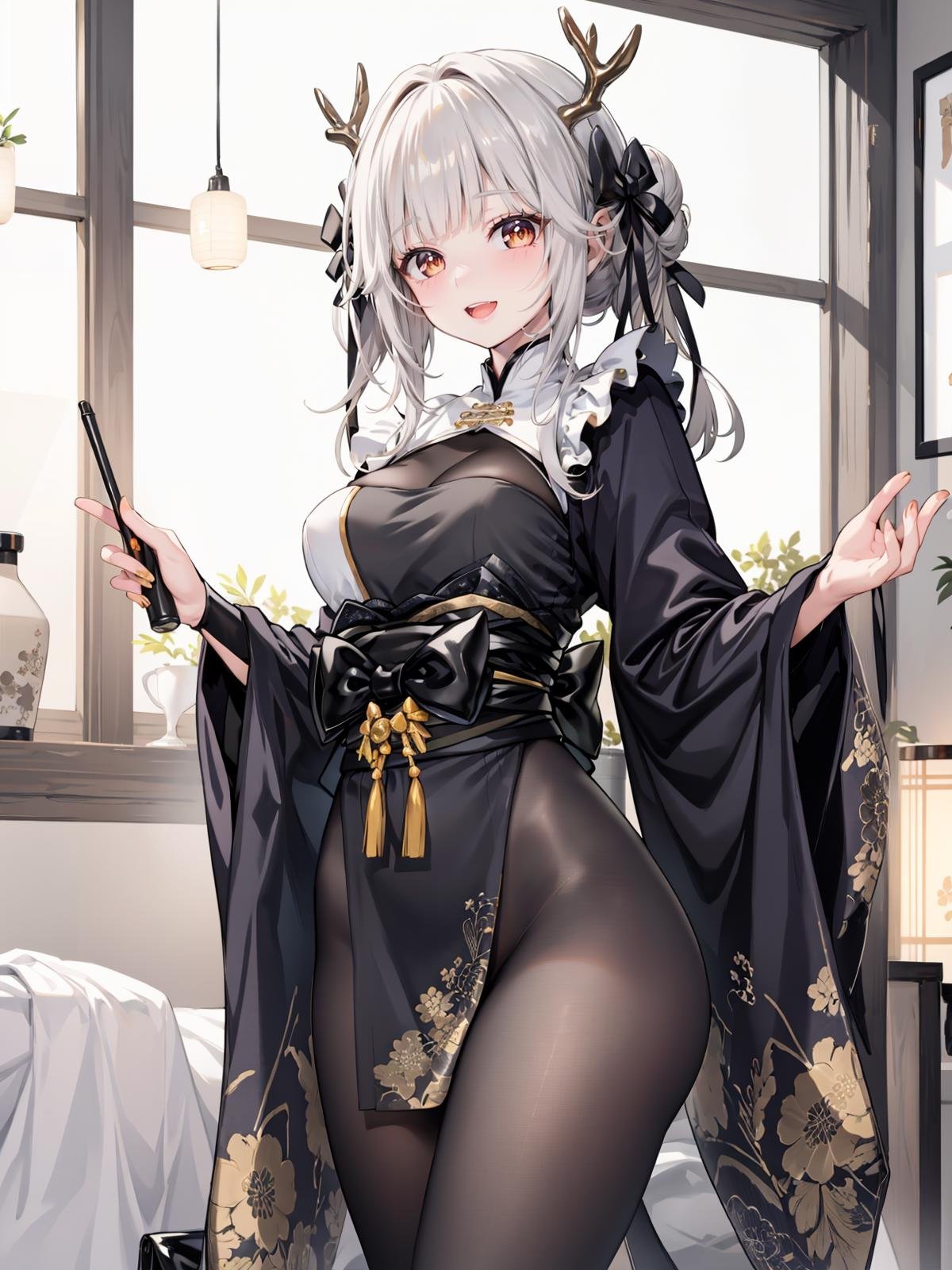 (extremely detailed CG, best quality:1.1), 1girl, perfect face, bright pupils, (finely detailed beautiful eyes:1.1), shiny skin, lustrous skin, wide hips, narrow waist, double bun, yellow eye, horns, antlers, hair ornament, japanese clothes, black kimono, black high heels, pantyhose, black bodystocking, bow, elbow gloves, :d <lora:BlancWhiteRabbitOutfit:0.6>