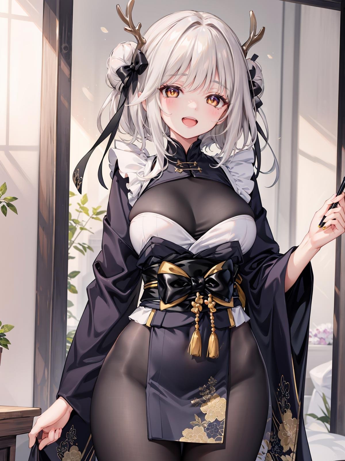 (extremely detailed CG, best quality:1.1), 1girl, perfect face, bright pupils, (finely detailed beautiful eyes:1.1), half-closed eyes, shiny skin, lustrous skin, wide hips, narrow waist, double bun, yellow eyes, horns, antlers, hair ornament, japanese clothes, black kimono, pantyhose, black bodystocking, bow, :d, large breasts,  <lora:BlancWhiteRabbitOutfit:0.5>