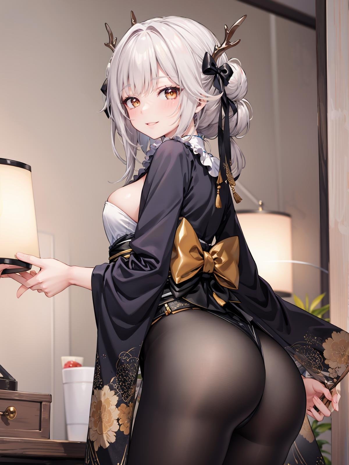 (extremely detailed CG, best quality:1.1), 1girl, perfect face, bright pupils, (finely detailed beautiful eyes:1.1),( half-closed eyes:1.1), shiny skin, lustrous skin, wide hips, narrow waist, double bun, yellow eyes, horns, antlers, hair ornament, japanese clothes, black kimono, pantyhose, black bodystocking, bow, seductive smile, evil smile, from behind, looking back, ass focus, from below,  <lora:BlancWhiteRabbitOutfit:0.5>