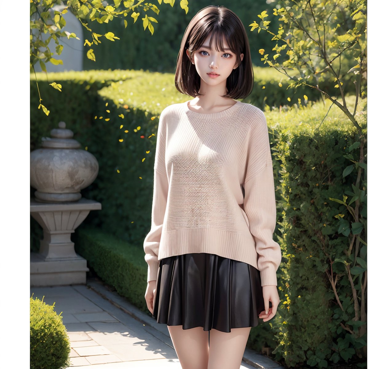 This captivating and visually stunning fractal art depicts a woman. The official art gives her a strong aesthetic appeal. 4K high resolution rendering. 19 year old Japanese female. Black, straight, short hair with bangs. Dark eyes, short eyelashes, small breasts, elongated beautiful legs, supple arms. Standing posture.
Costume: light pink sweater. Gray skirt.
Season: Spring.
Location: Luxurious garden.
1 girl. JAPANESE GIRL, akkoj