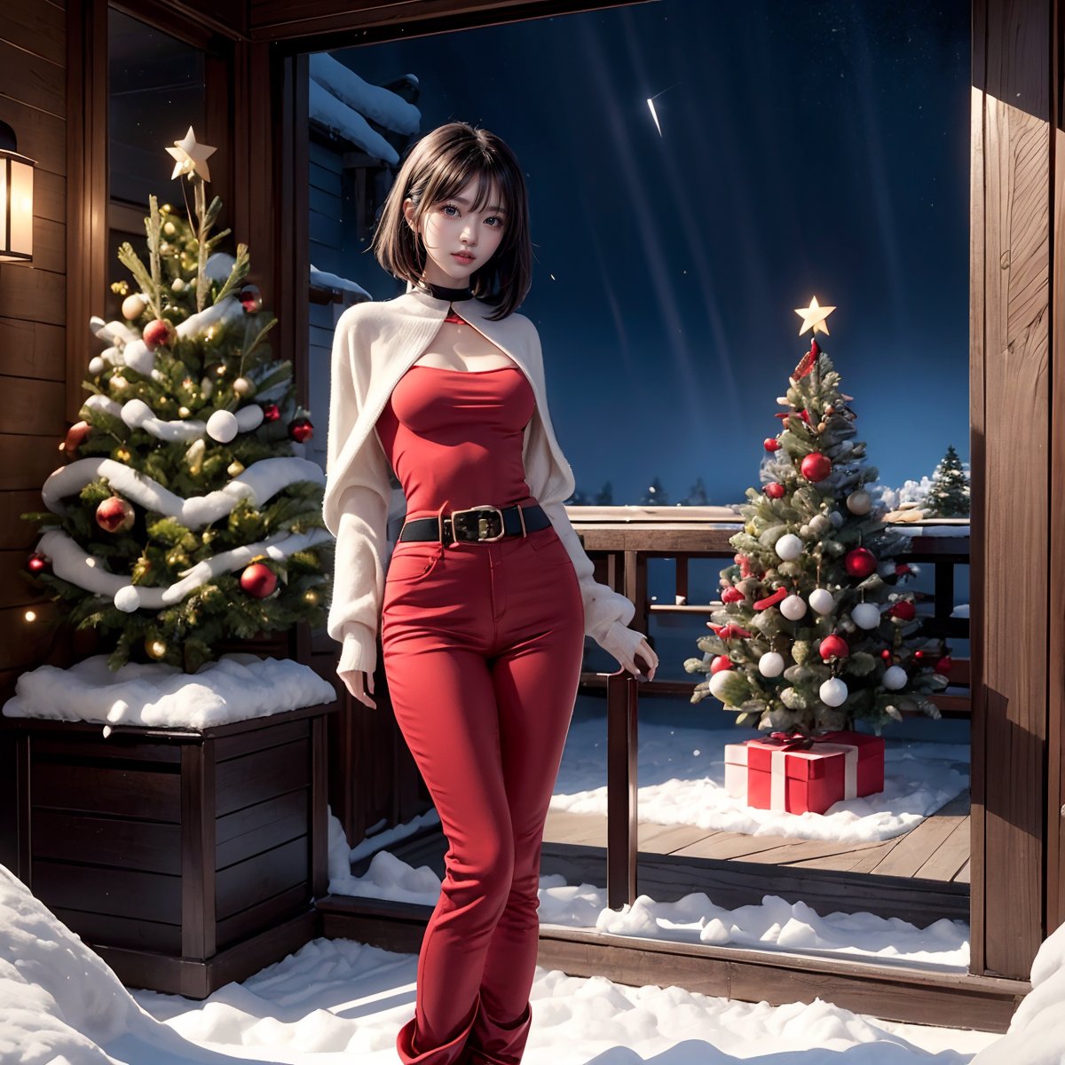 This captivating and visually stunning fractal art depicts a woman. The official art gives her a strong aesthetic appeal. 4K high resolution rendering. 19 year old Japanese female. Black, straight, short hair with bangs. Dark eyes, short eyelashes, small breasts. Standing posture. Christmas tree, night, snow, stars.
Costume: Santa costume, long red pants.
She is in the air in town. Roof. Chimney.
1 girl. JAPANESE GIRL, akkoj