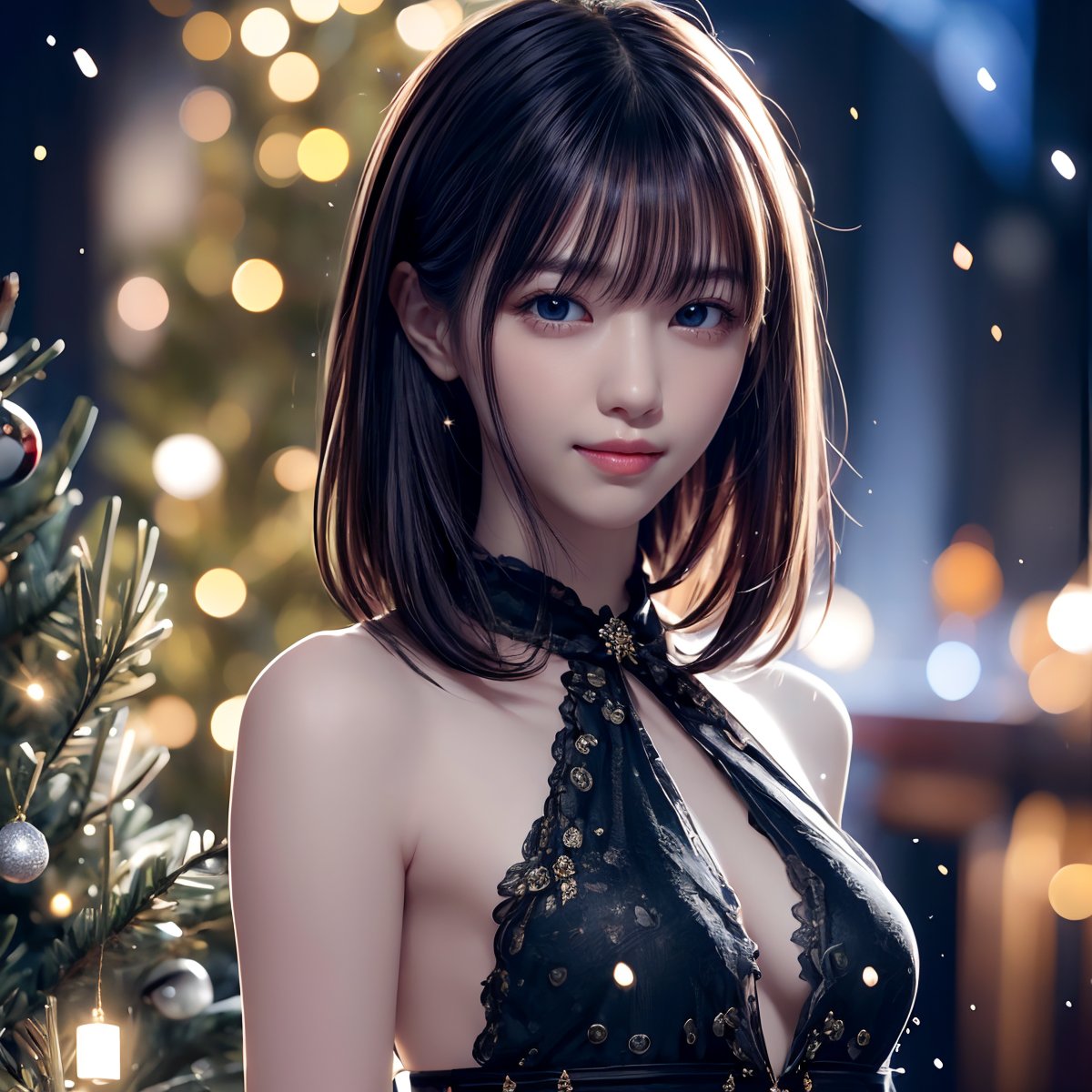 This captivating and visually stunning fractal art depicts a woman. The official art gives her a strong aesthetic appeal. 4K high resolution rendering. 19 year old Japanese female. Black, straight, short hair with bangs. Dark eyes, short eyelashes, small breasts.
Santa costume. smile. Night. Stars. Snow. Christmas tree. Outdoor, standing.
1 Girl. JAPANESE GIRL. ,nanase_nishino