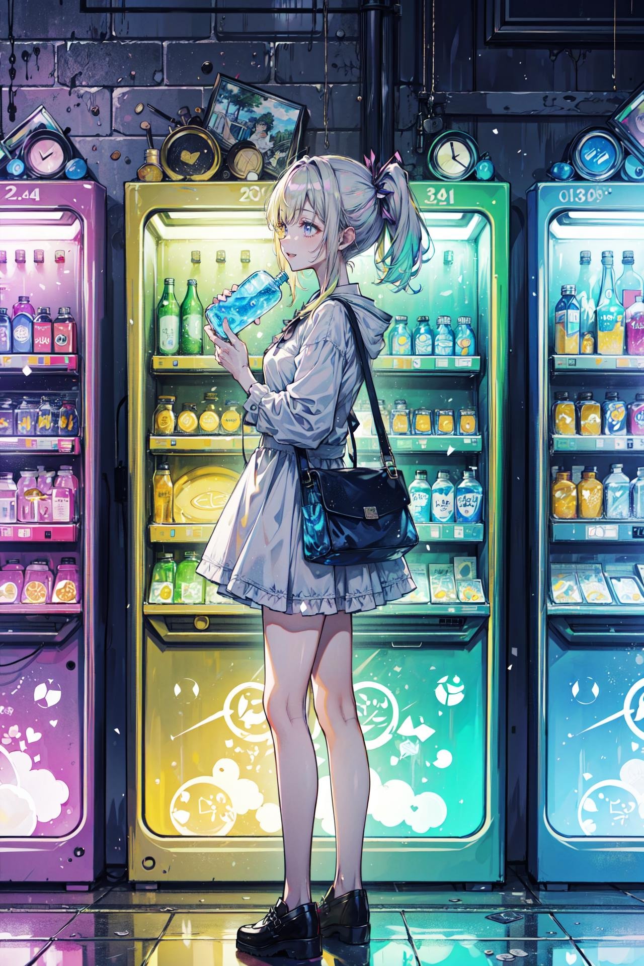 ((best quality, masterpiece, absurdres, super-resolution)) photo of beautiful jpn-gyaru, solo, Green,Blonde,Purple,White hair, standing in playground, from far, from side, glossy, beautiful anime eyes with luster reflection, beautiful, money, coins, drinks, bottled water, can soda, (ramune:1), vending machine on background