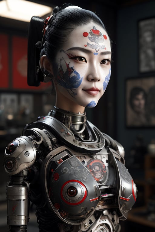 an epic fantastic realism comic book style portrait painting of a japanese robotic geisha with kanji tattoos and decals, apex legends, octane render, intricate detail, 4 k hd, unreal engine 5, ex machina, irobot, gerald brom