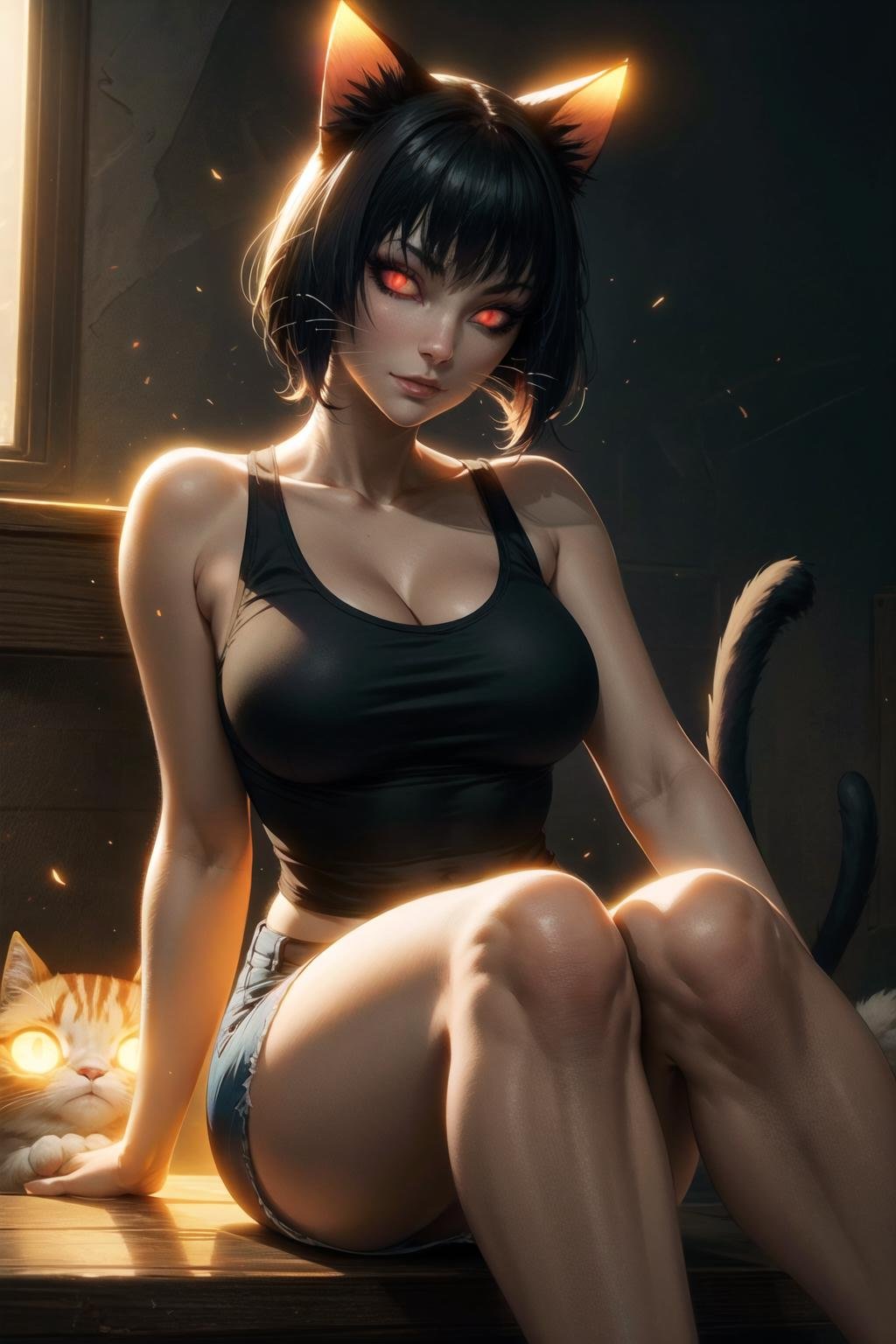 1girl, <lora:Kasha_Nioh2_V1:0.7>, glowing_eyes, red_eyes, whiskers, slit_pupils, cat_tail, kashanioh, tank_top, shorts, sitting, glowing,, beautiful, (masterpiece:1.2), (best quality:1.2), perfect eyes, perfect face,