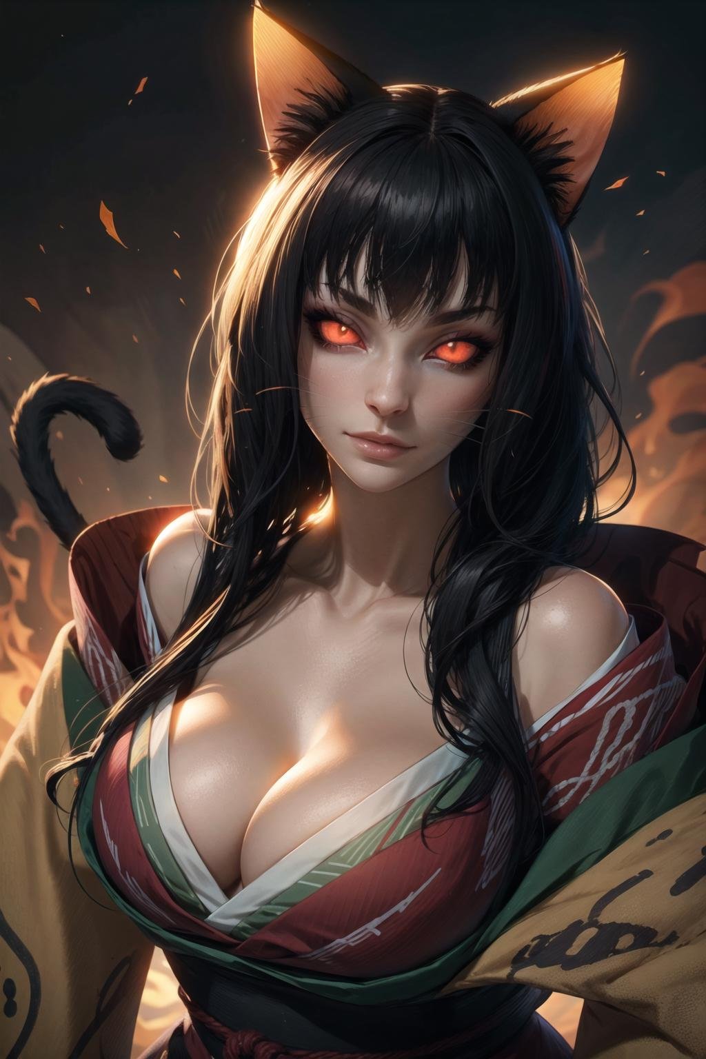 1girl, <lora:Kasha_Nioh2_V1:0.7>, glowing_eyes, red_eyes, japanese_clothes, whiskers, slit_pupils, cat_tail, cleavage, kashanioh,, beautiful, (masterpiece:1.2), (best quality:1.2), perfect eyes, perfect face,