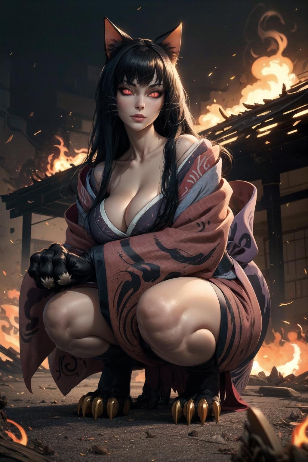 1girl, animal hands, black hair, cat ears, cat tail, glowing eyes, kashanioh, large breasts, long hair, looking at viewer, red eyes, solo, slit_pupils, <lora:Kasha_Nioh2-07:0.7>cart, wheel, fire, kimono, japanese_clothes, squatting,, beautiful, (masterpiece:1.2), (best quality:1.2), perfect eyes, perfect face,