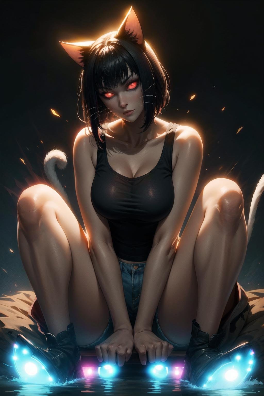 1girl, <lora:Kasha_Nioh2_V1:0.7>, glowing_eyes, red_eyes, whiskers, slit_pupils, cat_tail, kashanioh, tank_top, shorts, sitting, glowing,, beautiful, (masterpiece:1.2), (best quality:1.2), perfect eyes, perfect face,