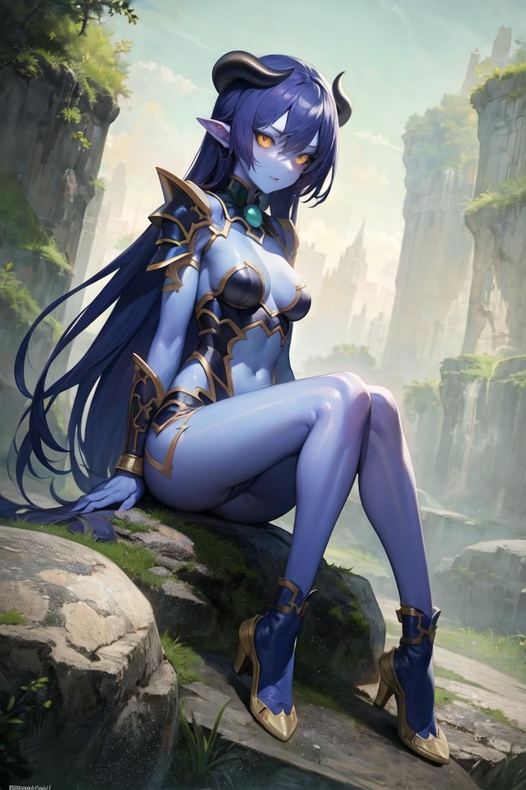 astaroth_(shinrabanshou), long_hair, demon_horns, black_sclera, (colored_skin, blue_skin:1.2), solo,<lora:Asuta-15:1.0> sitting on a rock, naughty_face, succu_armor, beautiful, (masterpiece:1.2), (best quality:1.2), perfect eyes, perfect face,