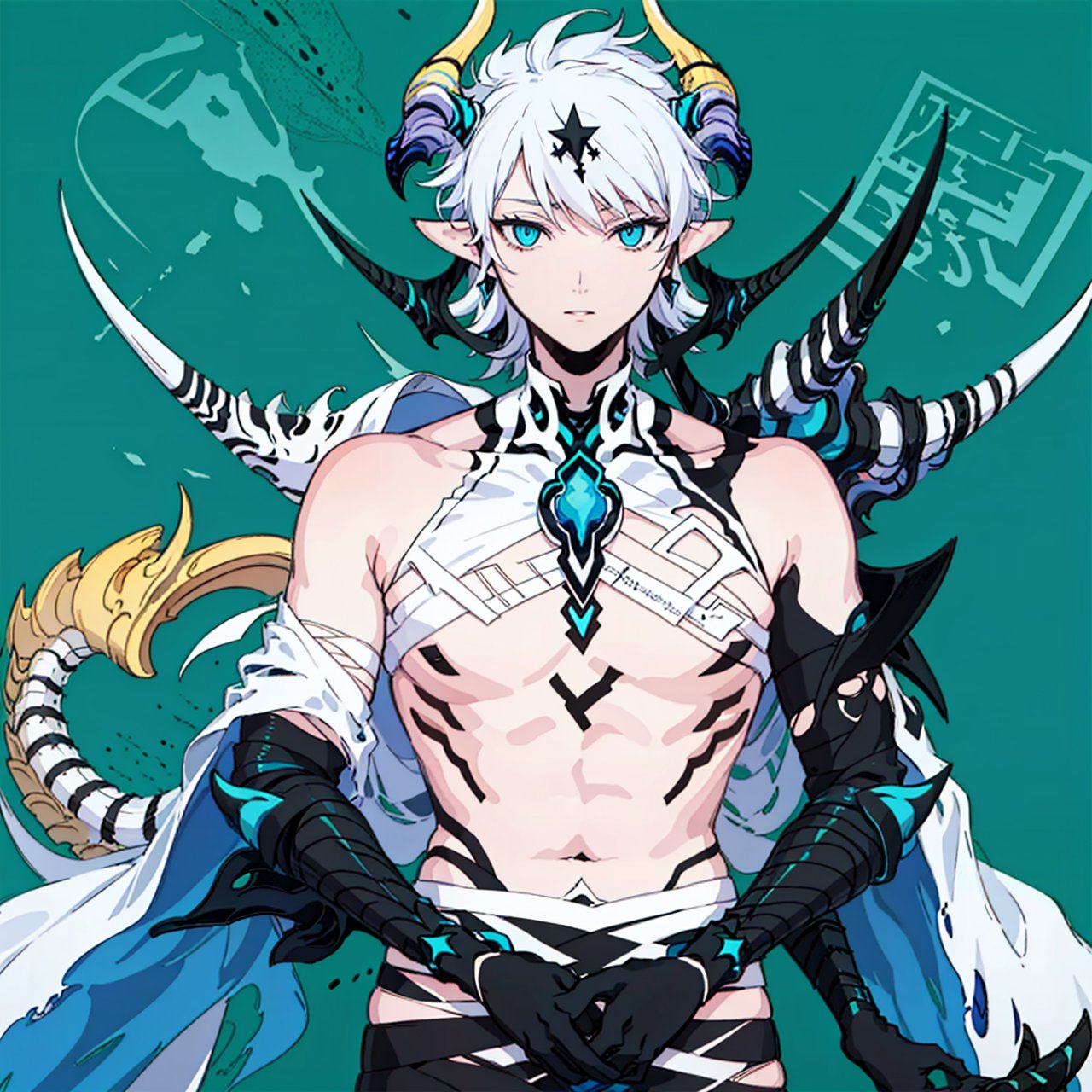  (masterpiece:1.3),(the best quality:1.2),(super fine illustrations:1.2),(Masterpiece),high quality,high detail,(white background:1.2),looking at viewer,(SOLO:1.4),outline,simple background,fullbody,, pattern on hair,elbow gloves,jewelry,gauntlets,white hair,spear,holding polearm,pauldrons,shoulder armor,dragon tail,demon tail,demon horns,demon boy,polearm,holding sword,blue eyes,ahoge,face,armor,tail,blue horns,holding weapon,gloves,torn pants,torn clothes,torn bodysuit,torn,pectorals,dragon wings,demon wings,thick eyebrows,pointy ears,male focus,muscular,horns,bare shoulders,1boy,blue eyes,