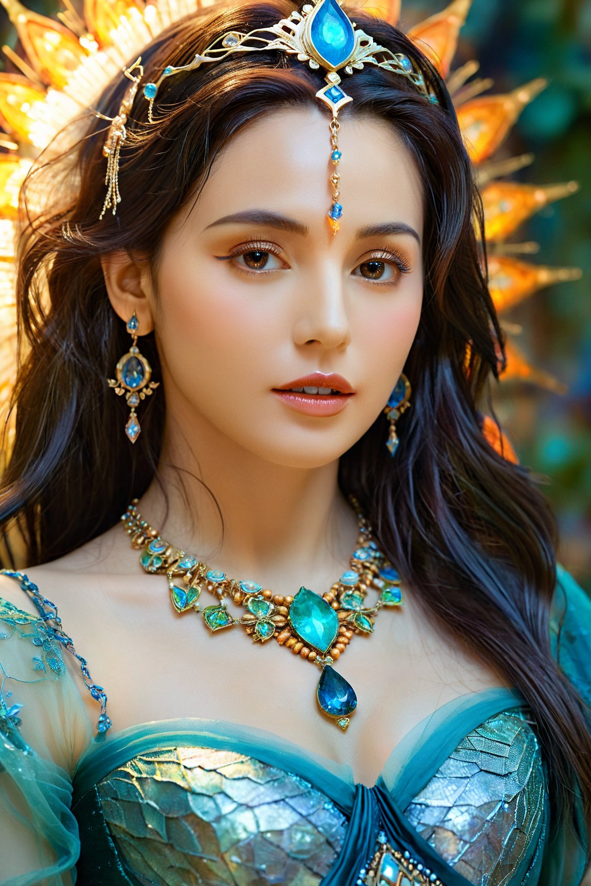 (best quality,8K,highres,masterpiece), ultra-detailed, (fantasy-themed, ethereal) portrait of a captivating woman. Enchanting and otherworldly, she emanates a magical aura, adorned with elements like mystical jewelry and vibrant, flowing garments. The scene is a masterpiece, blending realism with fantastical elements for a truly mesmerizing portrait.