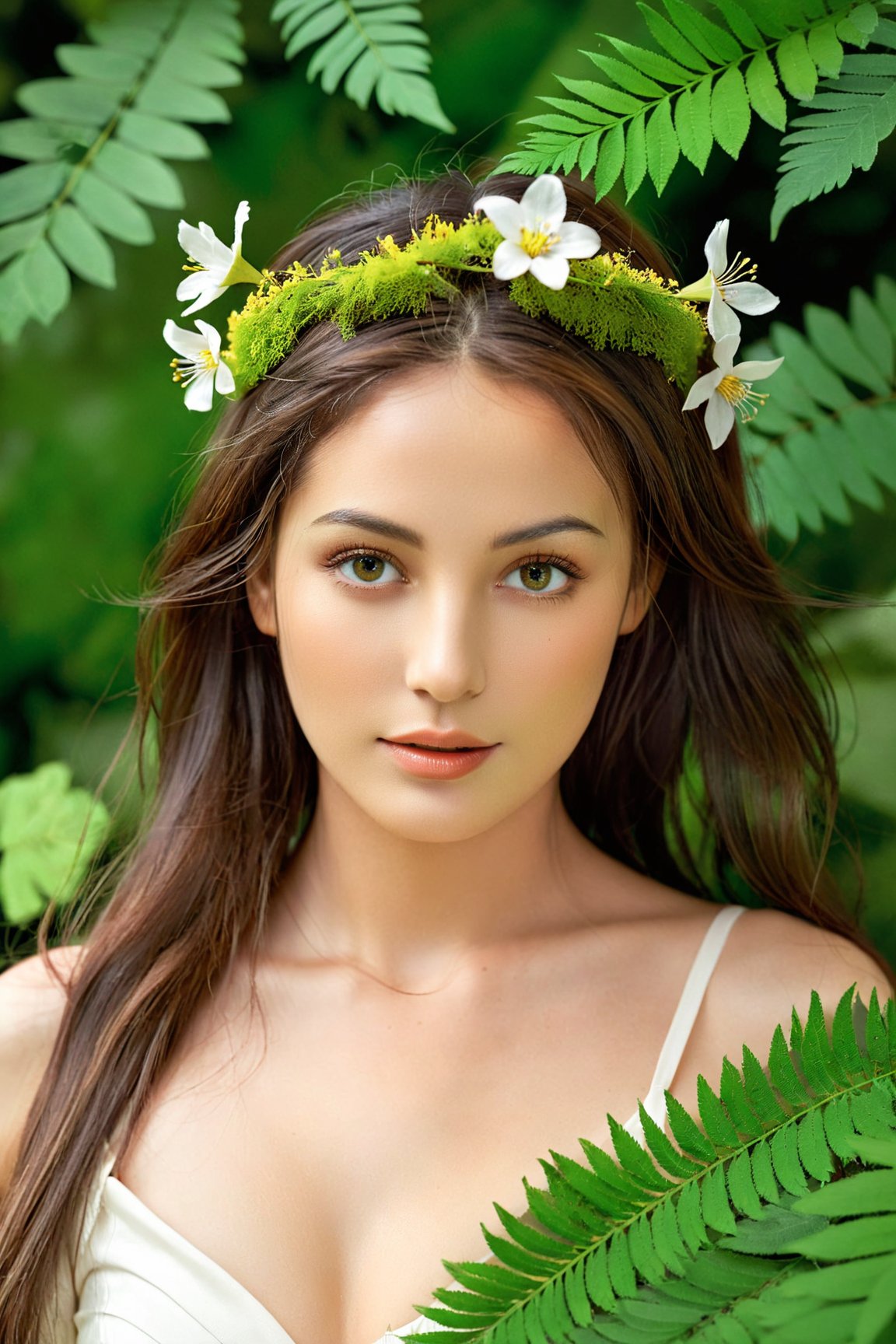 (best quality, 4k, 8k, highres, masterpiece:1.2), ultra-detailed, (realistic, photorealistic, photo-realistic:1.37), nature goddess, leaf body, portrait, greenery, wildflowers, breathtaking eyes, serene expression, graceful pose, ethereal beauty, luminous skin, flowing hair, elegant crown of leaves, soft natural light, vibrant colors, mythical essence, surreal atmosphere, dreamlike aura, harmonious connection with nature, enchanted forest.