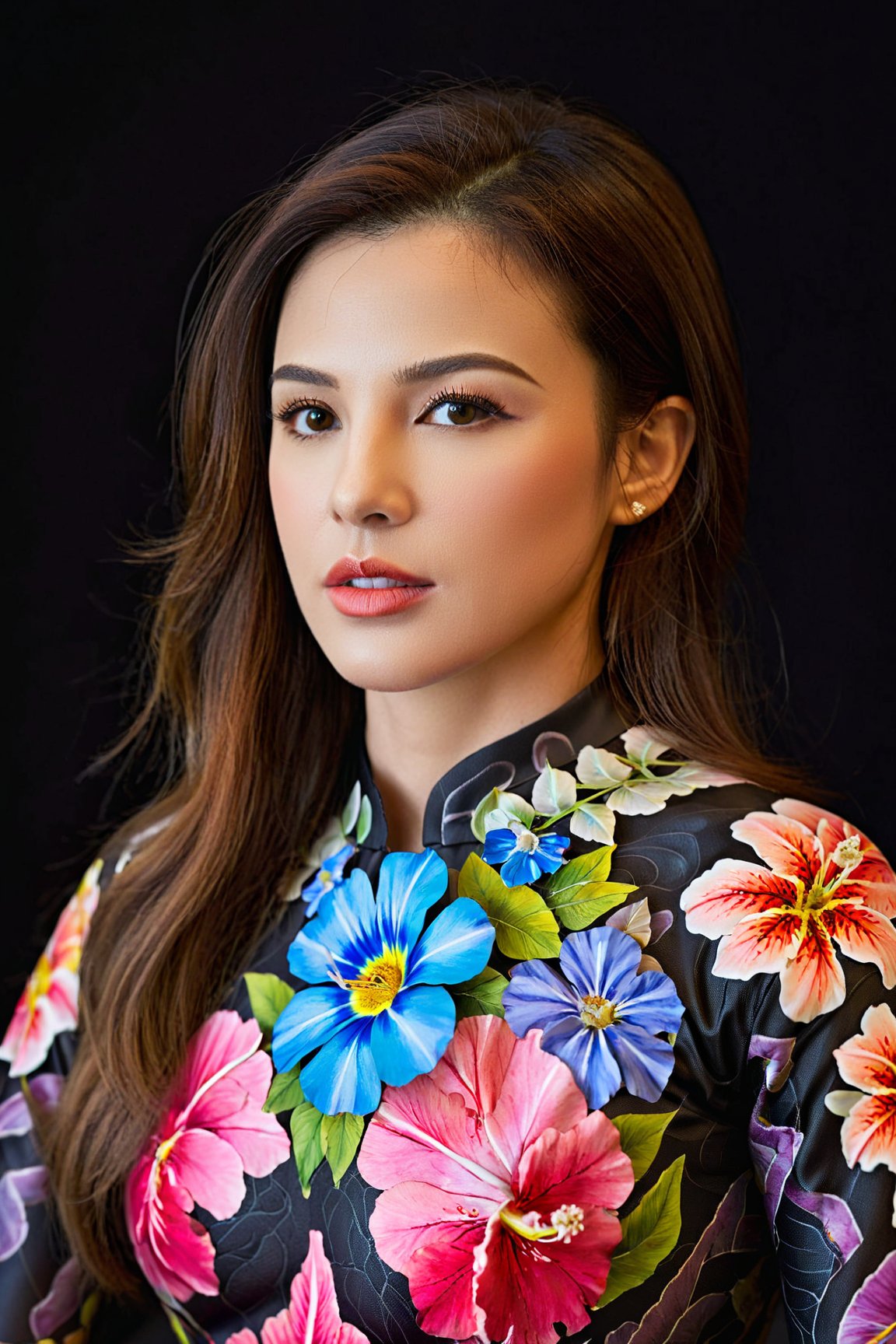 (best quality, realistic, high-resolution), colorful portrait of a woman with flawless anatomy. She is wearing a stunning flower dress that compliments her vibrant personality. Her skin is extremely detailed and realistic, with a natural and lifelike texture. The background is dark, which creates a striking contrast to the colorful flowers adorning her armor. The flowers on her armor represent her strength and beauty. The lighting accentuates the contours of her face, adding depth and dimension to the portrait. The overall composition is masterfully done, showcasing the intricate details and achieving a high level of realism, Realistic