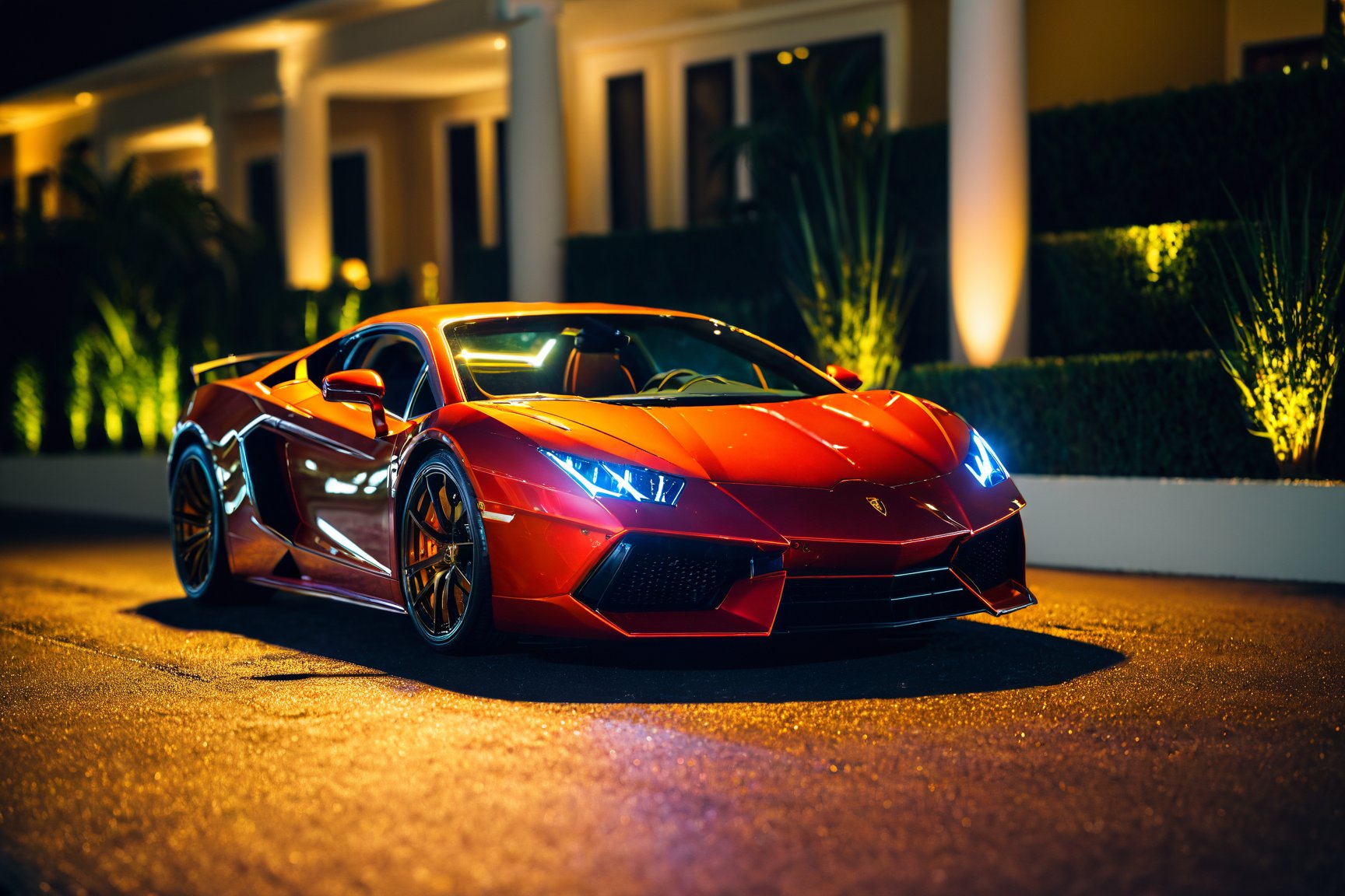 luxury exotic sports car night photography casino driveway 200mm zoom lens f/1.4 (masterpiece:1.2) (photorealistic:1.2) (bokeh) (best quality) (detailed skin:1.3) (intricate details) (8k) (HDR) (analog film) (canon d5) (cinematic lighting) (sharp focus)