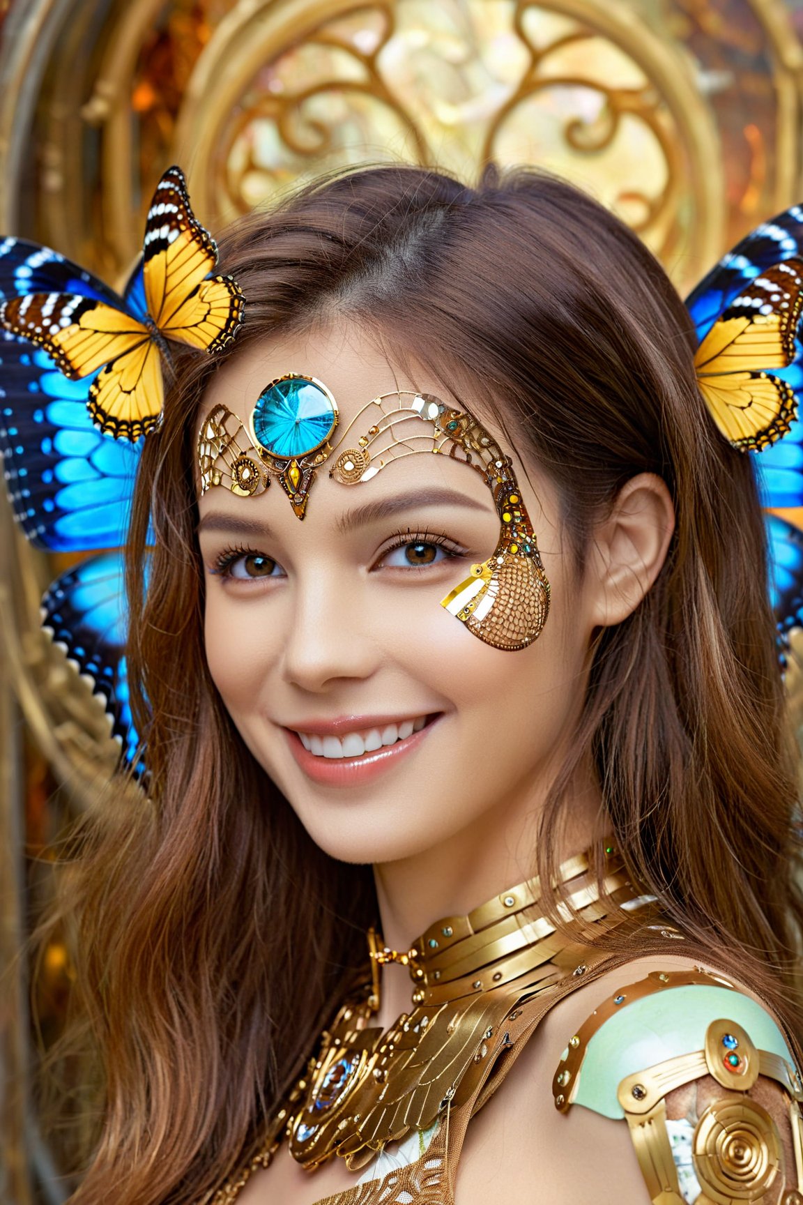 (highly detailed, elegant) portrait that seamlessly combines elements of digital photography and surreal painting. The subject is a beautiful cyborg with (intricate, majestic) features and brown hair. cute smile, Her cybernetic enhancements are adorned with a (golden butterfly filigree) that adds an element of mystique. The scene is set against a backdrop of (broken glass), creating a unique and captivating blend of beauty and surrealism