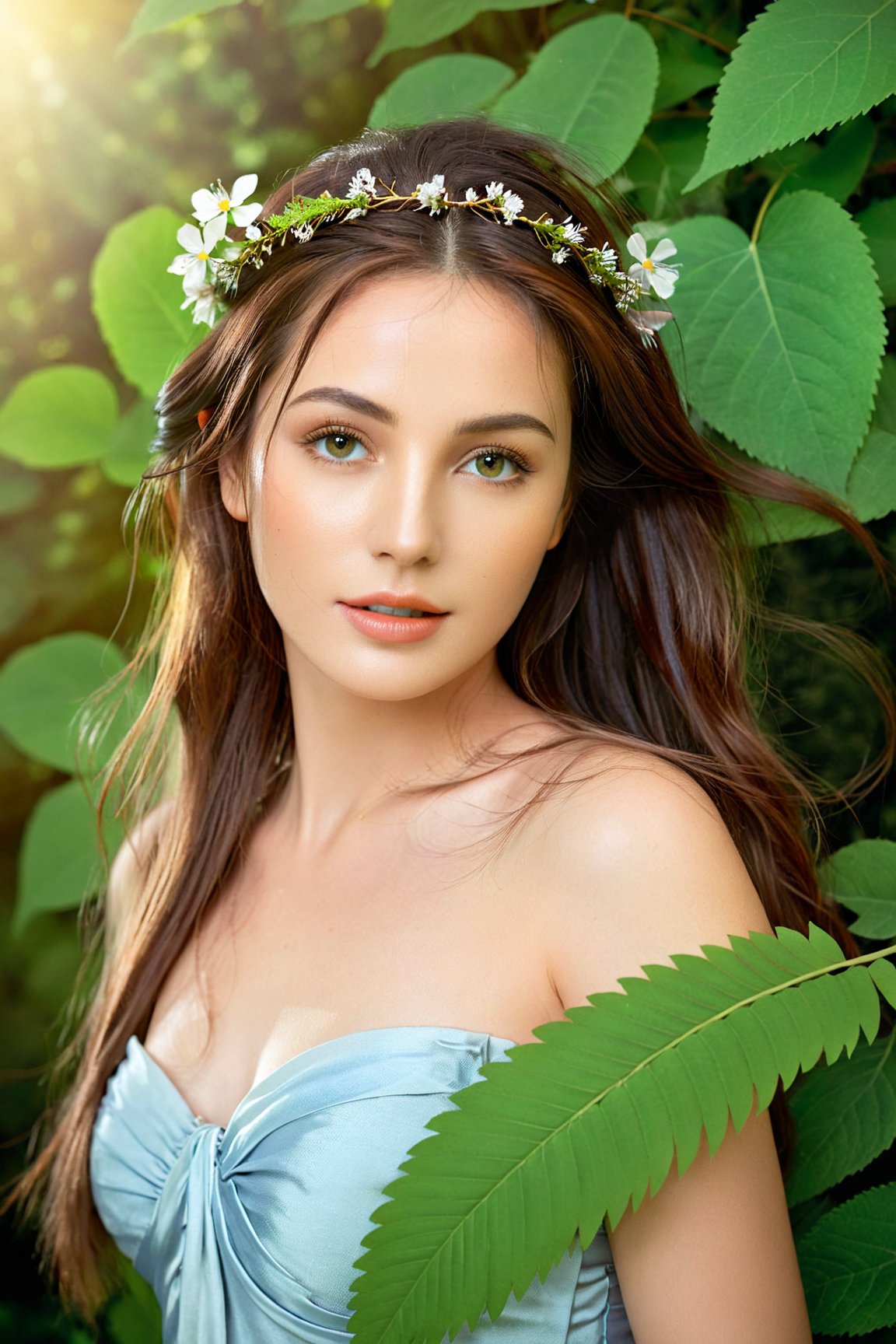 (best quality, 4k, 8k, highres, masterpiece:1.2), ultra-detailed, (realistic, photorealistic, photo-realistic:1.37), nature goddess, leaf body, portrait, greenery, wildflowers, breathtaking eyes, serene expression, graceful pose, ethereal beauty, luminous skin, flowing hair, elegant crown of leaves, soft natural light, vibrant colors, mythical essence, surreal atmosphere, dreamlike aura, harmonious connection with nature, enchanted forest.