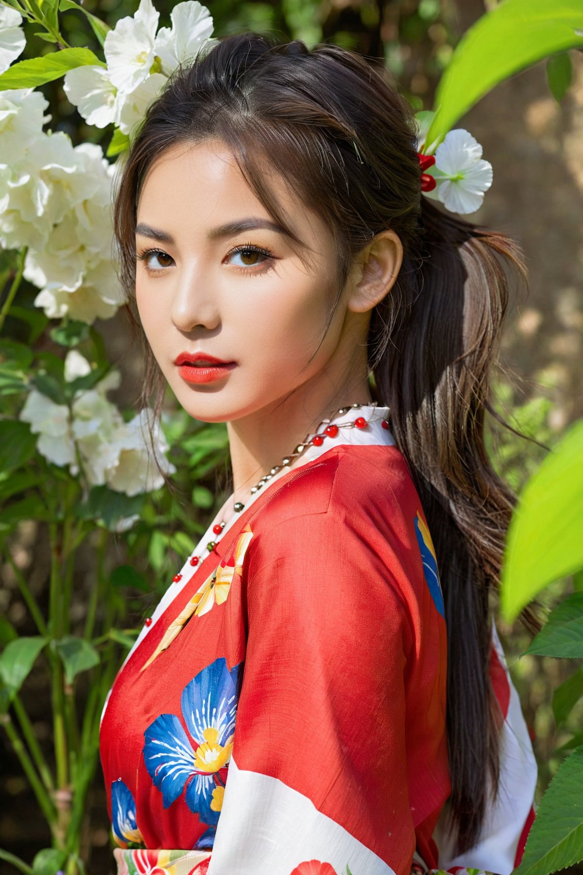 1girl, beautiful detailed eyes, beautiful detailed lips, extremely detailed eyebrows and face, long eyelashes, stripe bead necklace, black hair styled in a spiked ponytail, wearing a simple kimono with red open clothes. The artwork is created using oil paint on canvas, with high resolution and ultra-detailed brushstrokes. The painting showcases a picturesque garden scene with vibrant colors and vivid flowers in full bloom. The girl is depicted standing gracefully amidst the floral landscape, her posture conveying a sense of tranquility and elegance. The lighting in the painting is soft and ethereal, casting gentle shadows on the girl's face and adding depth to the overall composition. The color palette is dominated by various shades of red, creating a warm and inviting atmosphere. The art style blends elements of traditional Japanese art with a touch of contemporary flair, resulting in a captivating fusion of East-meets-West aesthetics