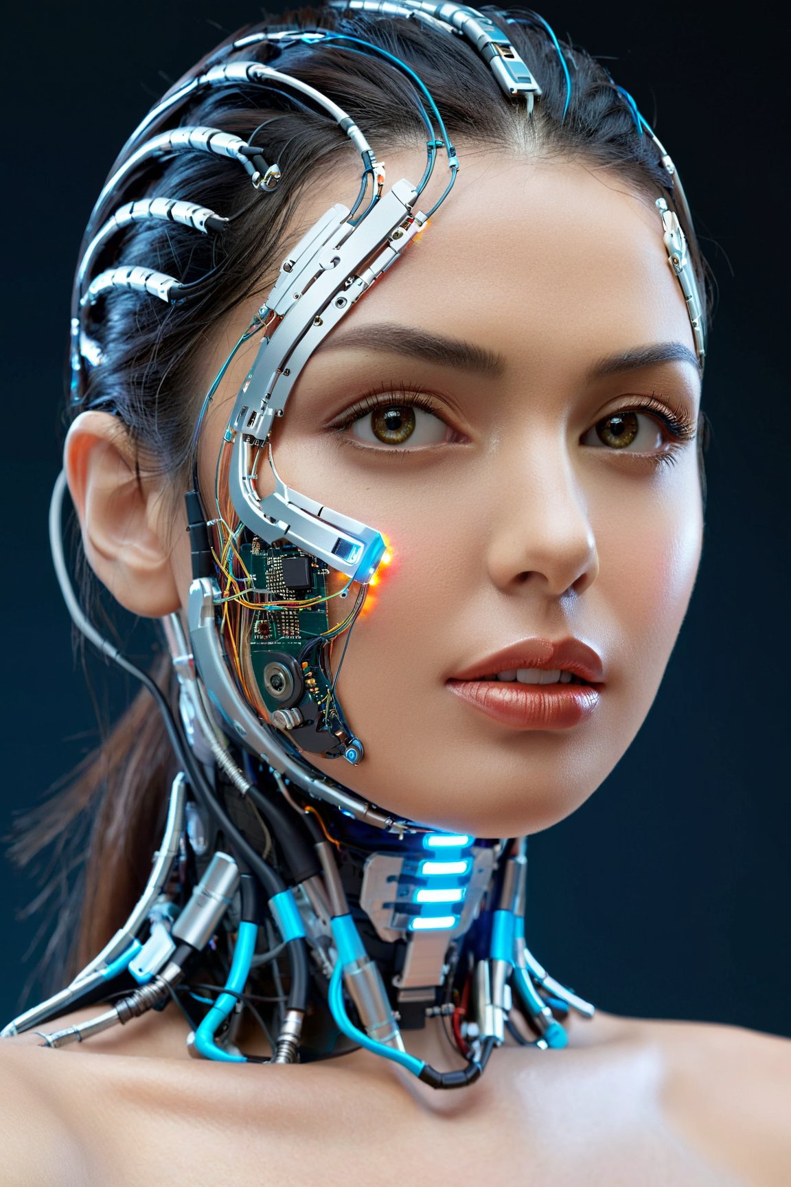 (highres,masterpiece:1.2),ultra-detailed,realistic,physically-based rendering,cyborg woman,electronic systems on-head humanoids,with a detailed brain that you can see,cranial mechanical parts representation,female face,beautiful detailed eyes,beautiful detailed lips,muscle wire,flesh-colored skin,metallic elements,digital interface,glowing circuitry,advanced sensors,high-tech prosthetics,seamless integration,artificial intelligence,technological enhancements,wearable technology,modern aesthetics,bionic enhancements,advanced biotechnology,sleek and futuristic design,blending of human and machine,symbolic representation of human evolution,harmonious coexistence of organic and synthetic components,vivid colors,dynamic lighting