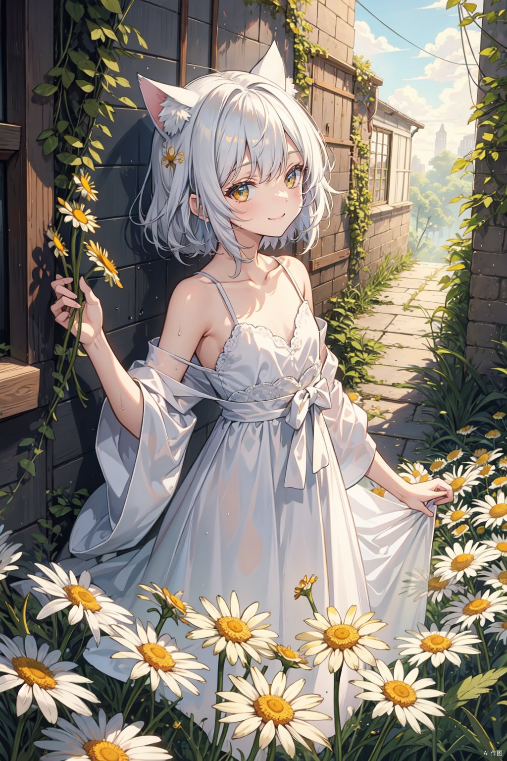  yellow theme,the setting sun,(((Chamomile))),Chamomile,cornflower,vines,forest,ruins,lens flare,hdr,Tyndall effect,damp,wet,1girl,bare shoulders,broken glass,broken wall,white hair,white dress,closed mouth,constel lation,flat color,braid,blinking,white robe,float,closed mouth,constel lation,flat color,looking up,standing,medium hair,standing,solo,((catgirl))