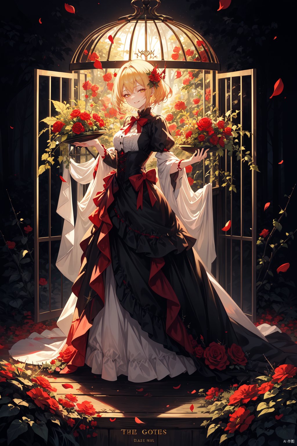  1girl,short hair,blonde hair,red gothic clothes,red flowers,yellow flowers,thistles, thorns,forest,(gloomy,no light),(cage),big red bowknot,(full body,wide shot,panorama),(evil smile,tilt,half closed eyes), backlight