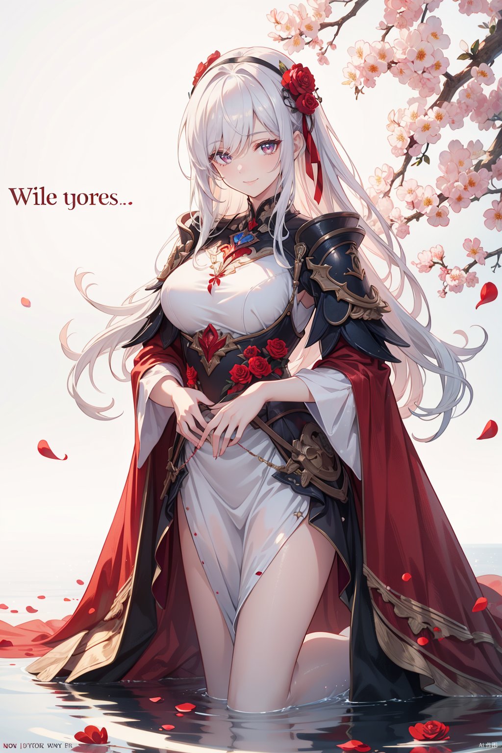  1girl, red eyes, white long translucent night gown, expressionless, (white hair), hair cover one eye, long hair, red hair flower, kneeling on lake, blood, (plenty of red petals:1.35), (white background:1.5), (English text),


 Highest picture quality, masterpiece, exquisite CG, exquisite and complicated hair accessories, big watery eyes, highlights, natural light, Super realistic, cinematic lighting texture, absolutely beautiful, 3D max, vray, c4d, ue5, corona rendering, redshift, octane rendering, （Show whole body）, （all body）,