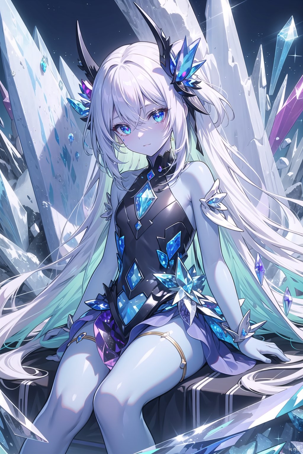  masterpiece, best quality, masterpiece,best quality,official art,extremely detailed CG unity 16k wallpaper,masterpiece, ((1girl)),(science fiction:1.1), (ultra-detailed crystallization:1.5), (crystallizing girl:1.5), kaleidoscope, ((iridescent:1.5) long hair), (glittering silver eyes), sitting, surrounded by colorful crystals, blue skin, (skin fusion with crystal:1.8), looking up, face focus, simple dress, transparent crystals, flat dark background, lens flare, prism,