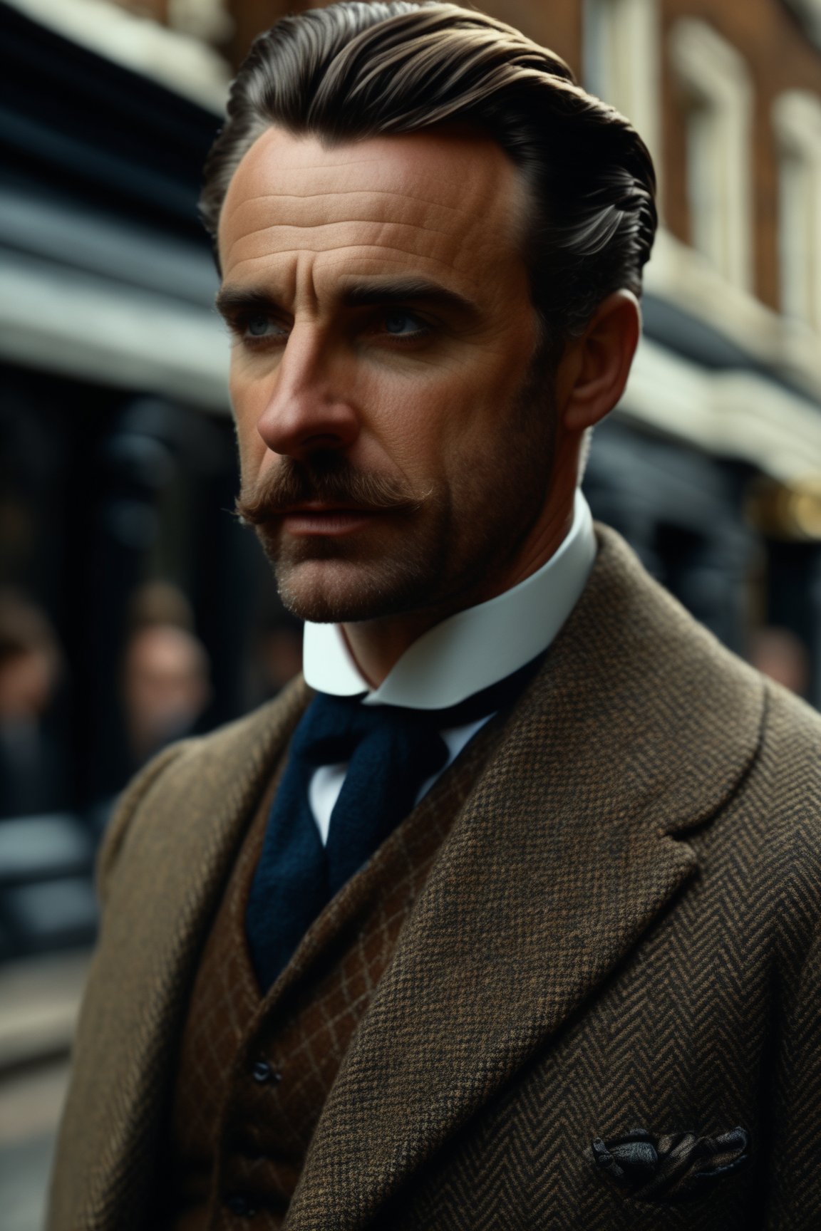 Victorian man, London, (sharp focus:1.2), extremely detailed, (photorealistic:1.4), (RAW image, 8k high resolution:1.2), RAW candid cinema, 16mm, color graded Portra 400 film, ultra realistic, cinematic film still, subsurface scattering, ray tracing, (volumetric lighting)