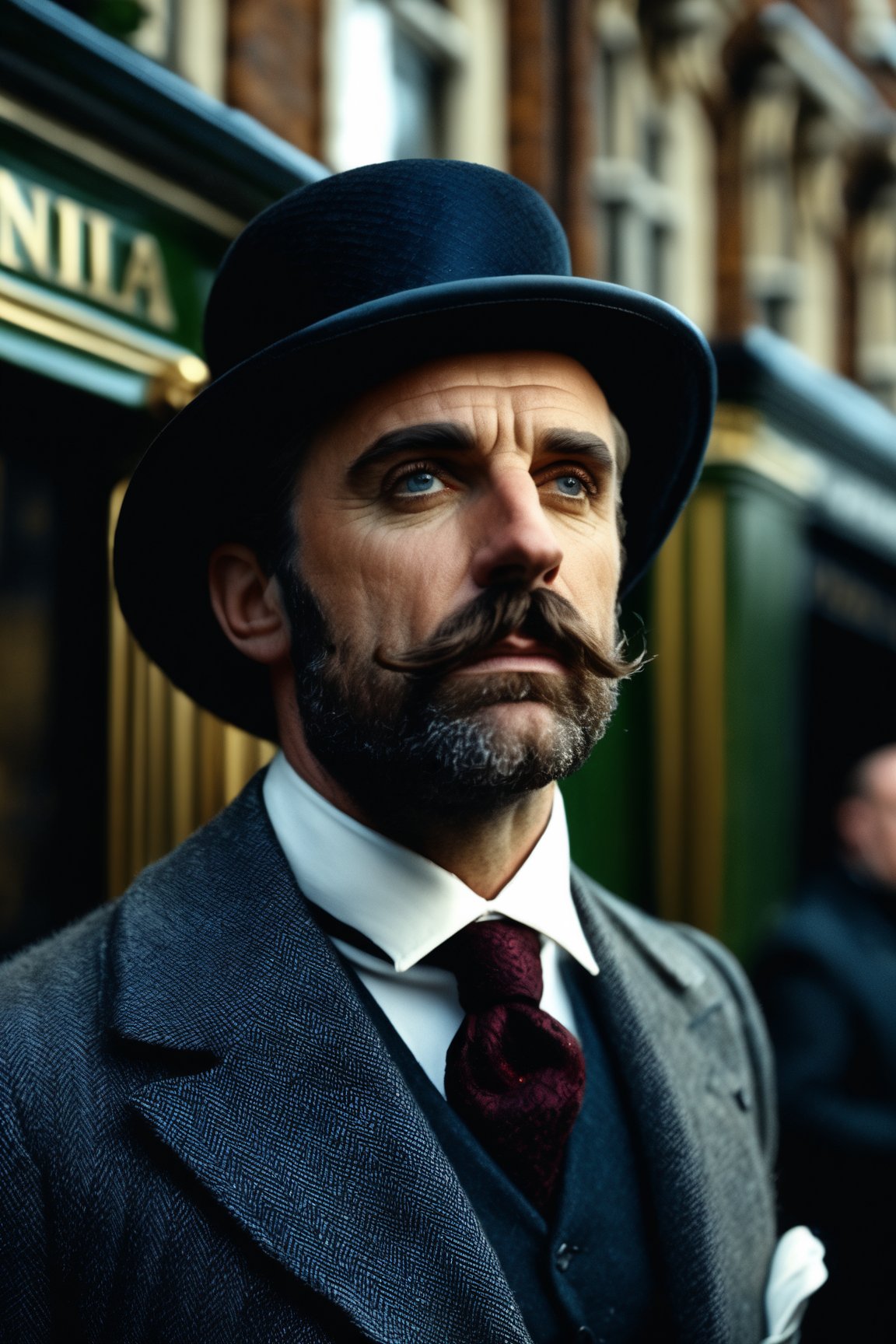 Victorian man, London, (sharp focus:1.2), extremely detailed, (photorealistic:1.4), (RAW image, 8k high resolution:1.2), RAW candid cinema, 16mm, color graded Portra 400 film, ultra realistic, cinematic film still, subsurface scattering, ray tracing, (volumetric lighting)