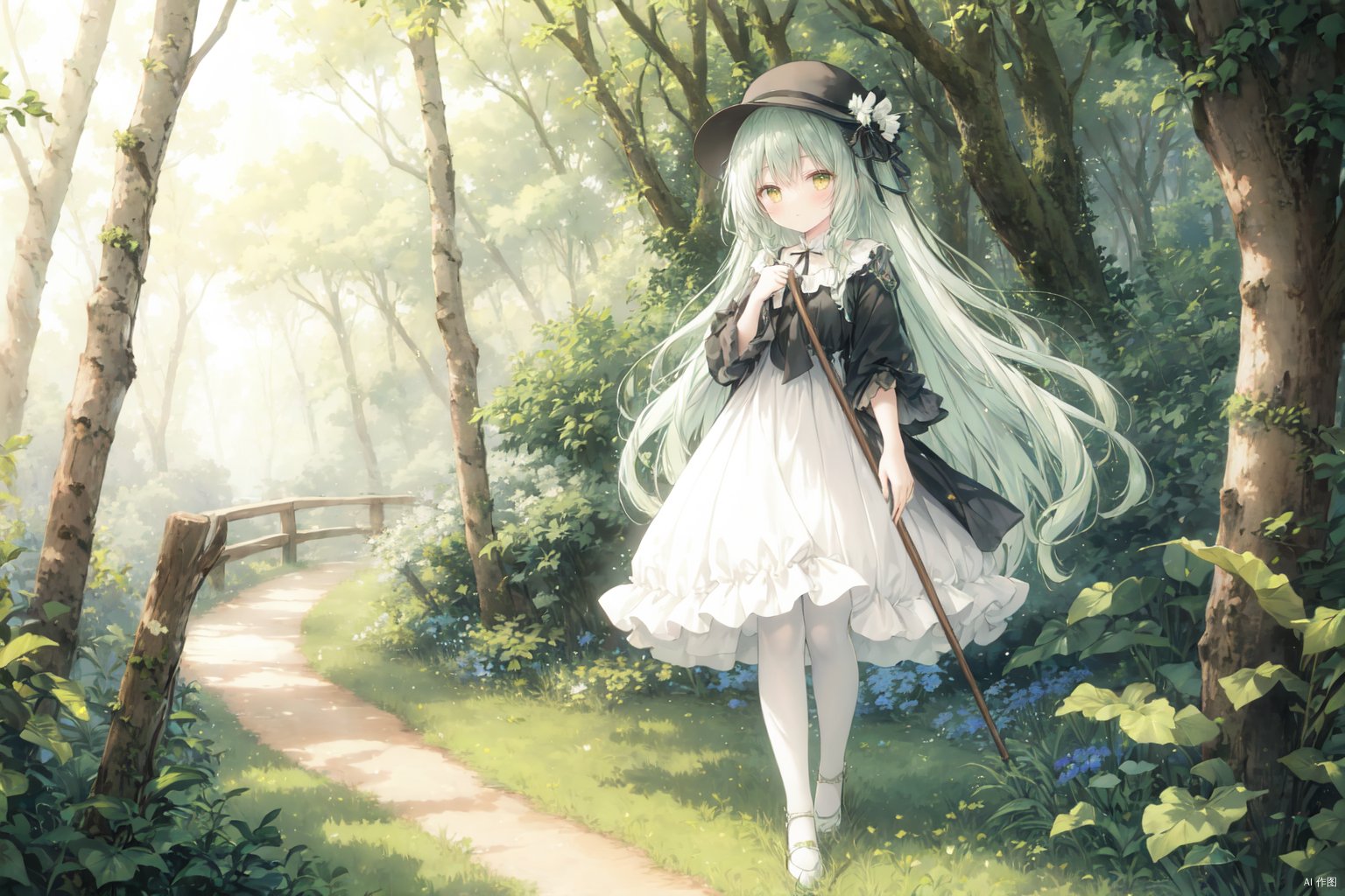  (1girl:0.6),thin,very long hair,(white hair),((green hair end)),small breasts,yellow eyes,closed mouth,green lolita,(Long handled Wooden staff),green leaf like hairpin,white silk stockings,happy,sun,sky,trees,flowers,forest,countryside,full body,masterpiece,best quality,official art,extremely detailed CG unity 8k wallpaper