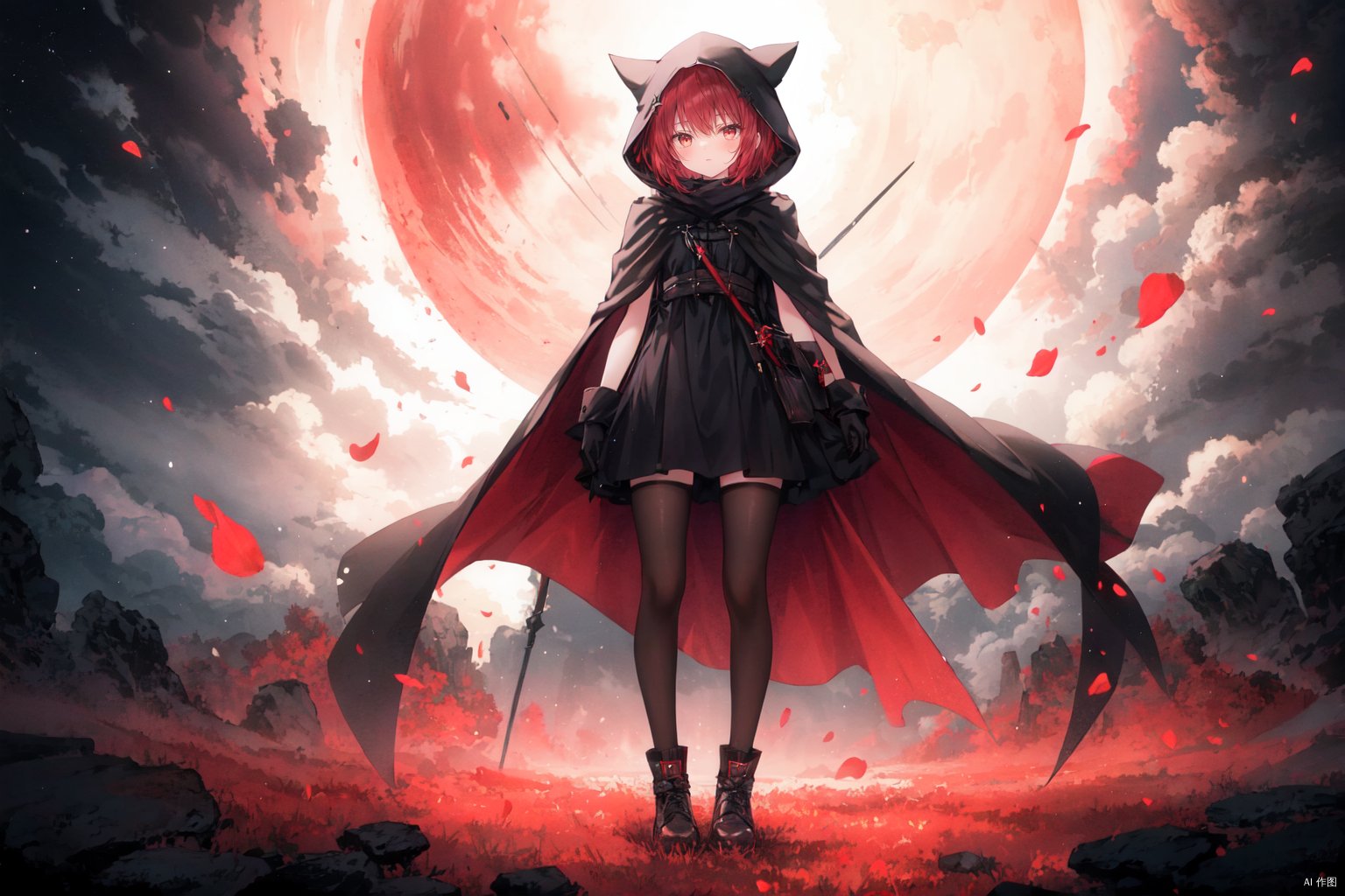  1girl, red hair, red eyes, 17yo, short hair, (loose long hair), (black cloak), (cape hood), scarf, red moon, night, floating red flowers falling, full body,strech hand