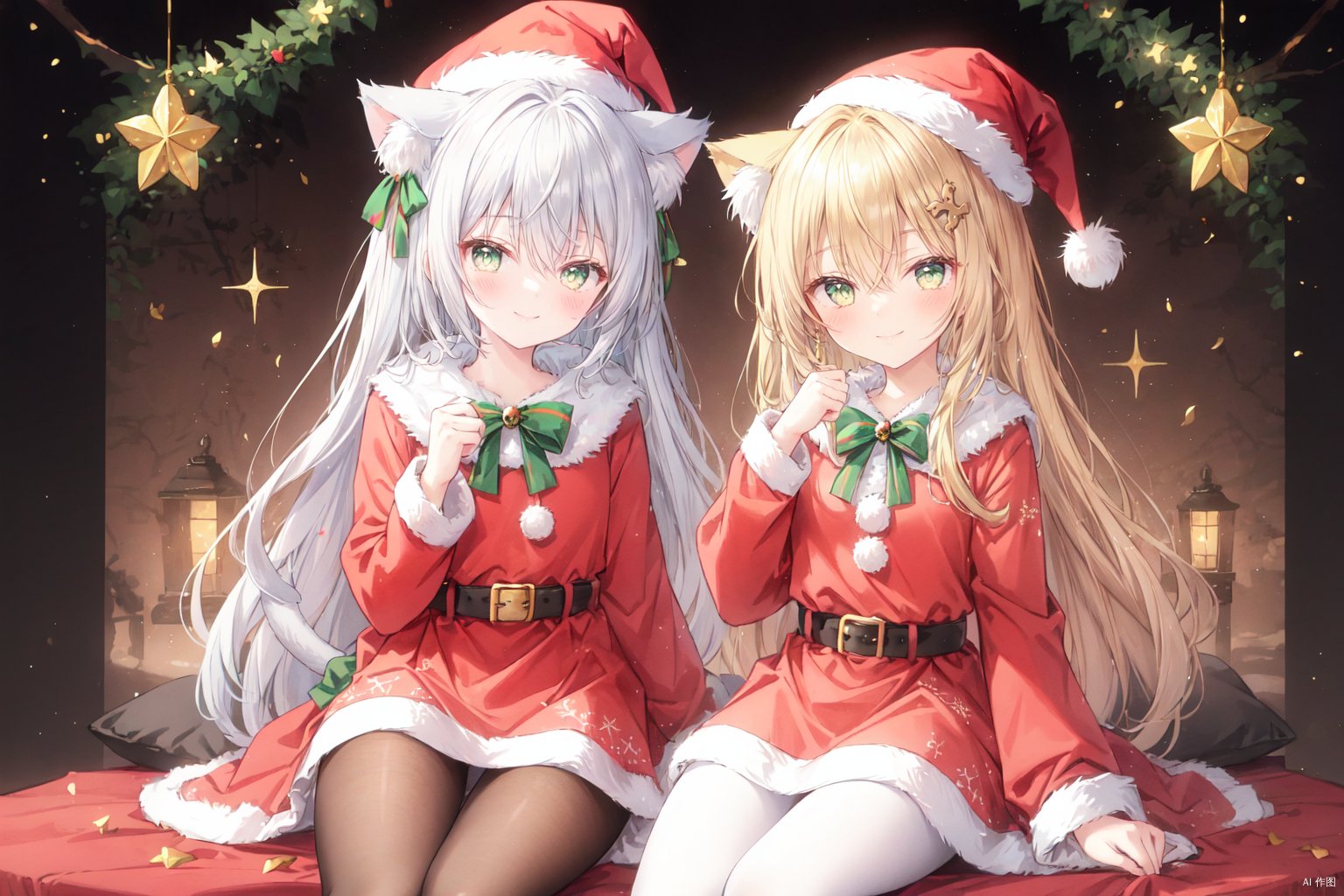  multiple_girls,2girls,animal_ears,santa_hat,christmas,cat_ears,long_hair,cat_tail,hat,tail,sleeves_past_wrists,fur-trimmed_headwear,green_eyes,very_long_hair,pom_pom_\(clothes\),blurry,smile,belt,bell,blush,depth_of_field,cat_girl,blurry_background,hair_ornament,santa_costume,holly,bangs,one_eye_closed,hair_between_eyes,fur_trim, white pantyhose