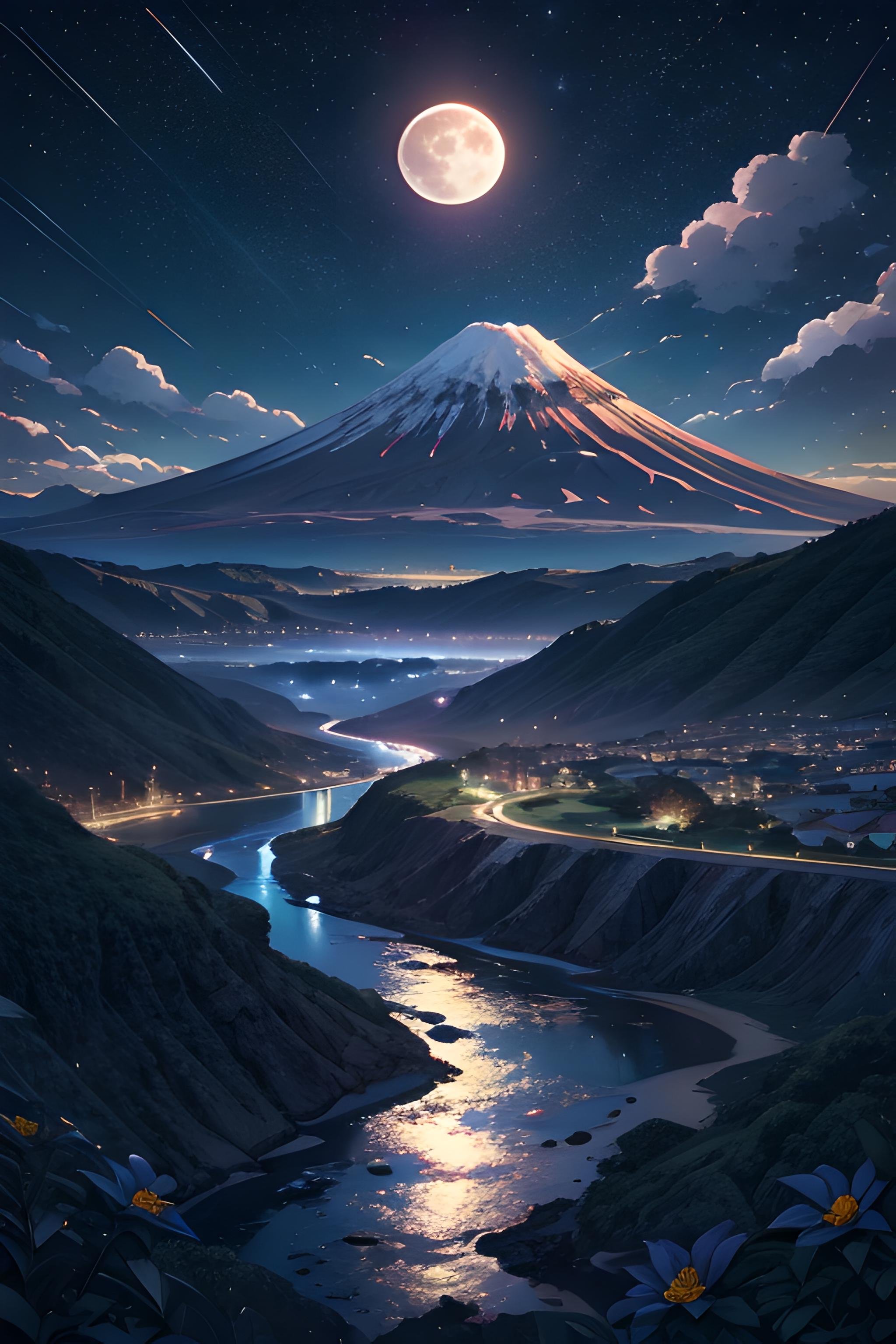 a night scene with a full moon in the sky, detailed digital anime art, volcano valley, けもの, # digital 2 d, music album art, night time with starry sky, streaming on twitch, 2 5 6 x 2 5 6 pixels, fragments, devinart, unconnected, cover, blue hour, summer night, anime visual, flowing hills <lora:Fantasy_style_background:0.7>