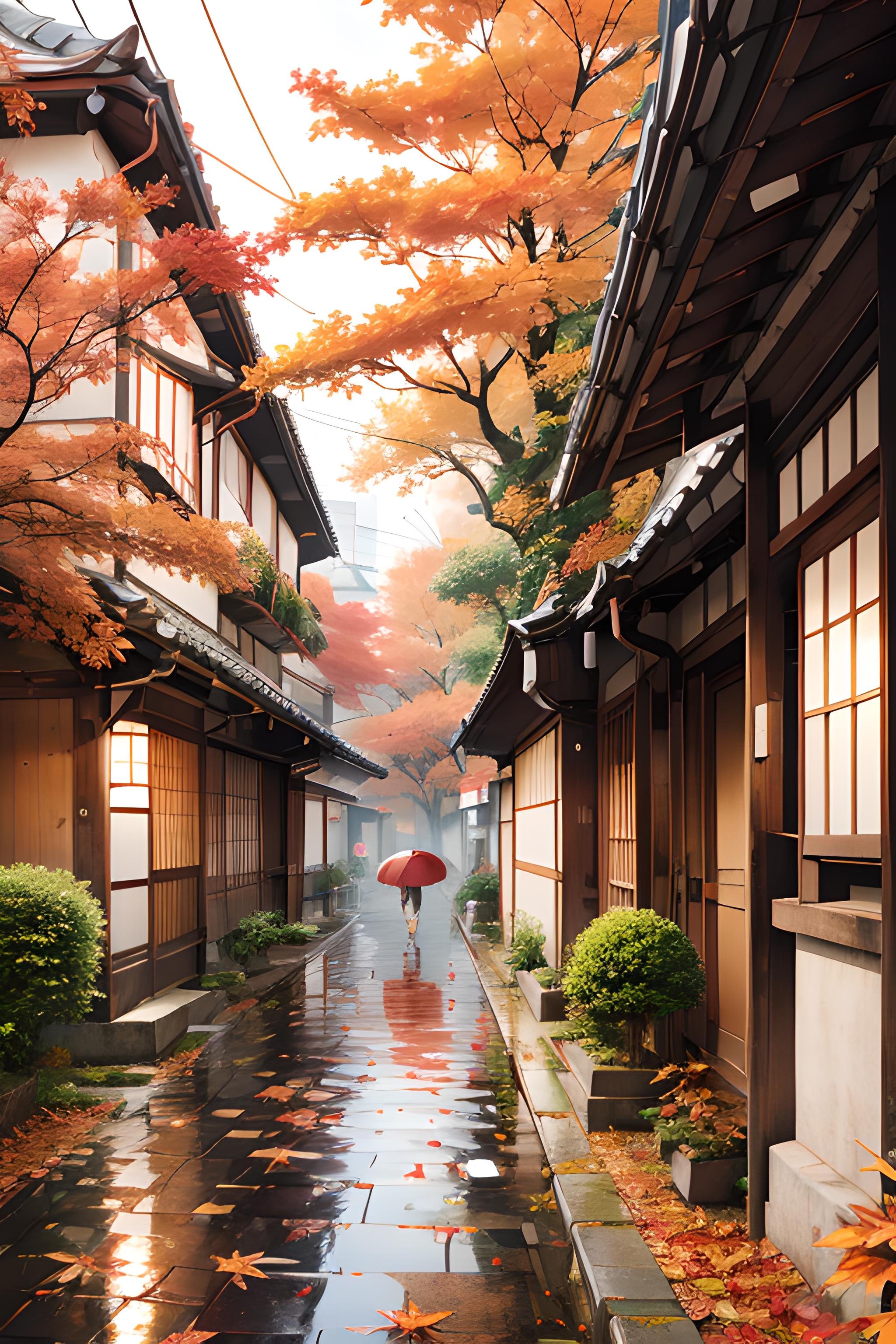 japanese autumn streets, orange and red leaves, rain <lora:Fantasy_style_background:0.7>