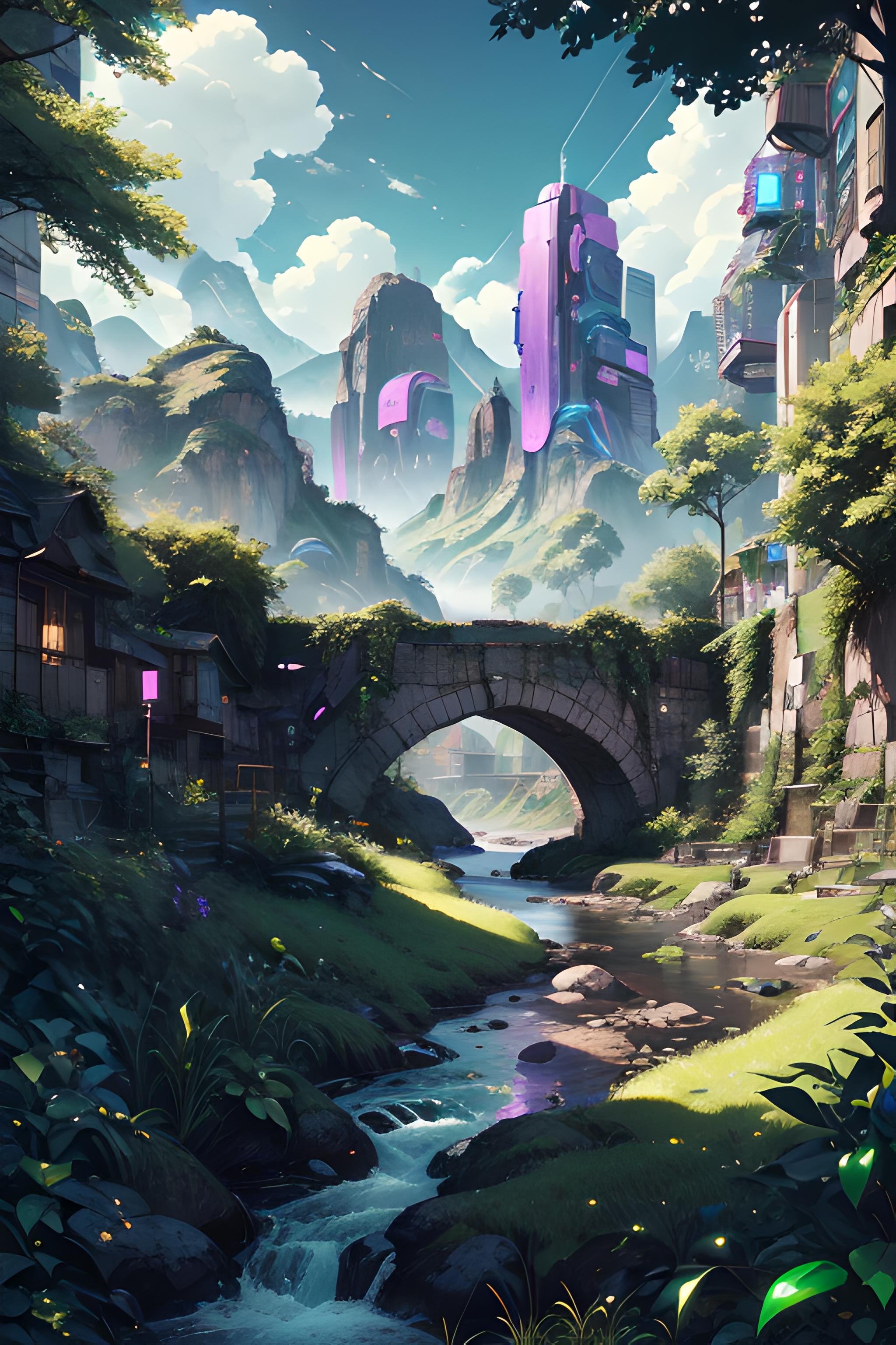 landscape, river, forest, mountains, summer, cyberpunk, vaporwave, neon, vibes, vibrant, stunningly beautiful, crisp, detailed, sleek, ultramodern, verdant green highlights, dark purple shadows, high contrast, cinematic, ultra detailed, intricate, professional <lora:Fantasy_style_background:0.7>