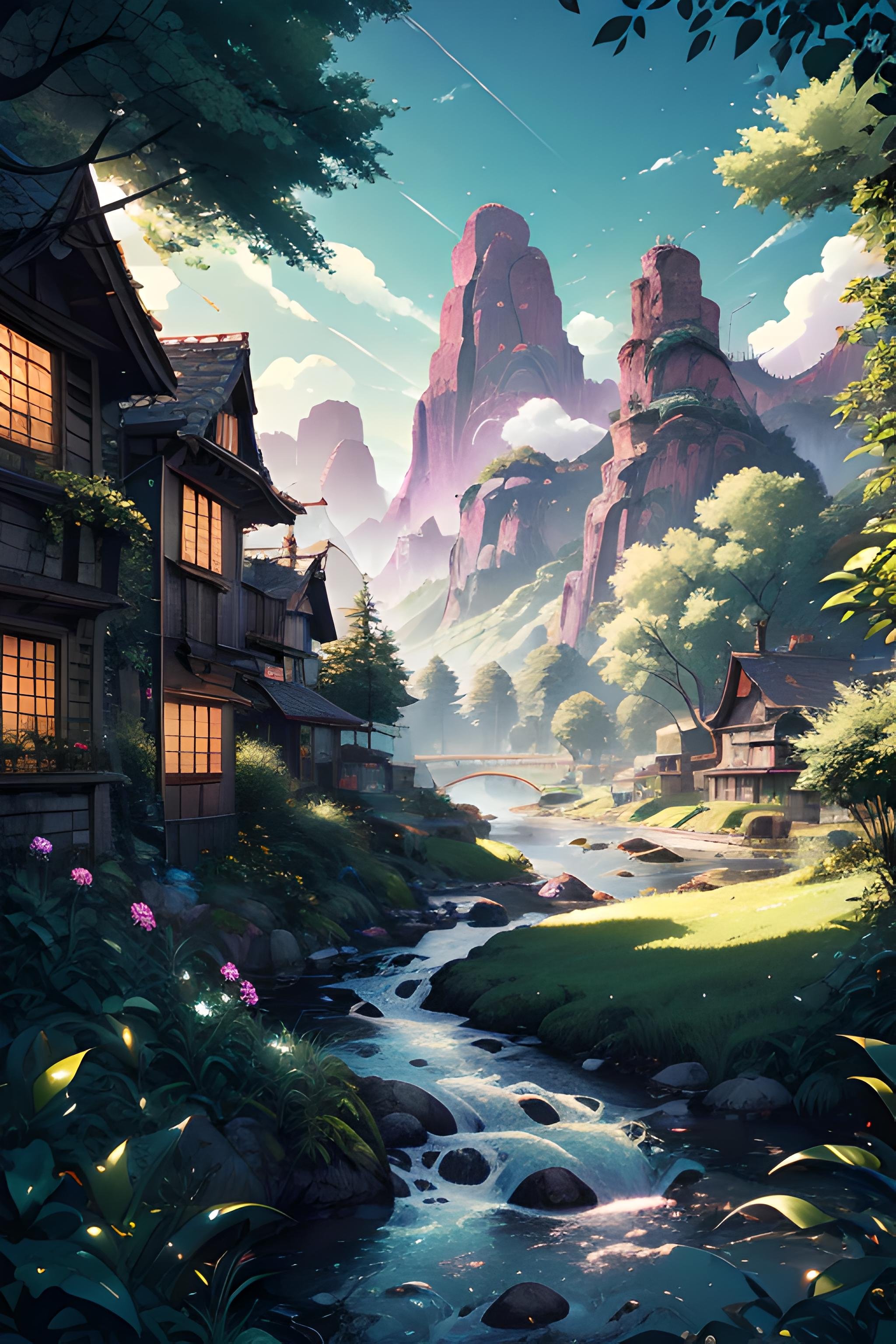 landscape, river, forest, mountains, summer, cyberpunk, vaporwave, neon, vibes, vibrant, stunningly beautiful, crisp, detailed, sleek, ultramodern, verdant green highlights, dark purple shadows, high contrast, cinematic, ultra detailed, intricate, professional <lora:Fantasy_style_background:0.7>