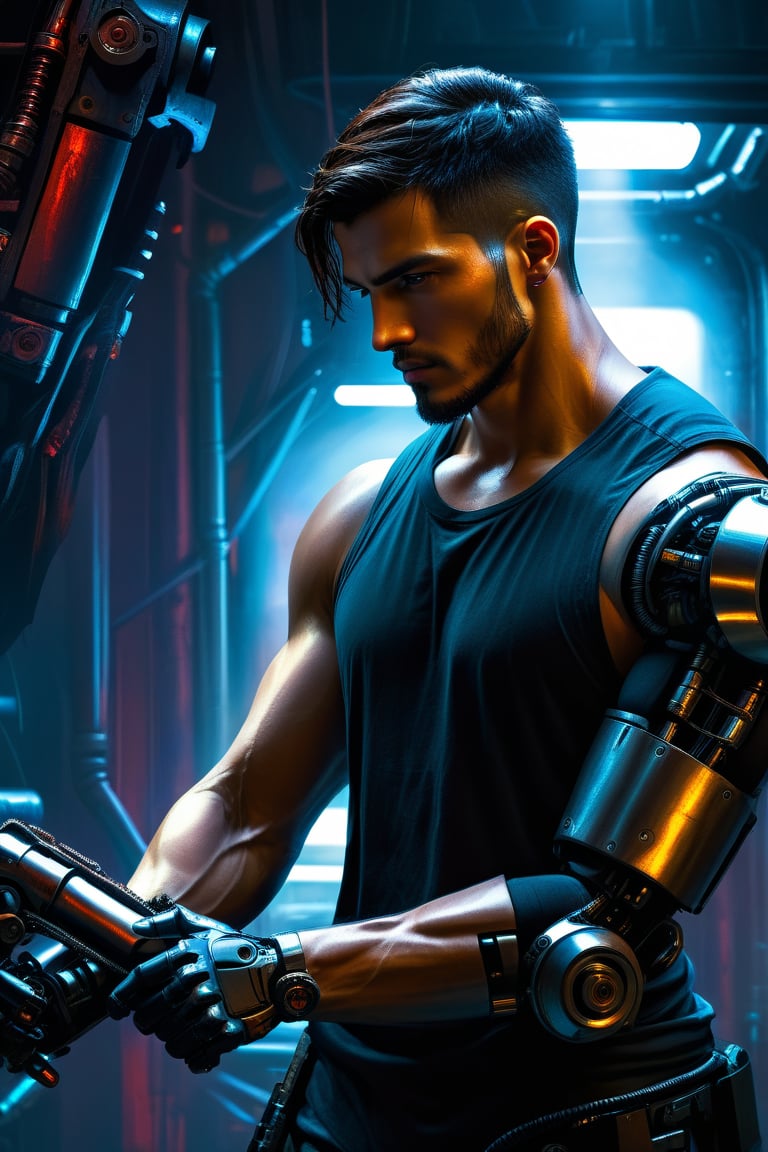 man with mechanical arm, grimdark, detailed background, high quality, masterpiece, digital painting, cyberpunk 