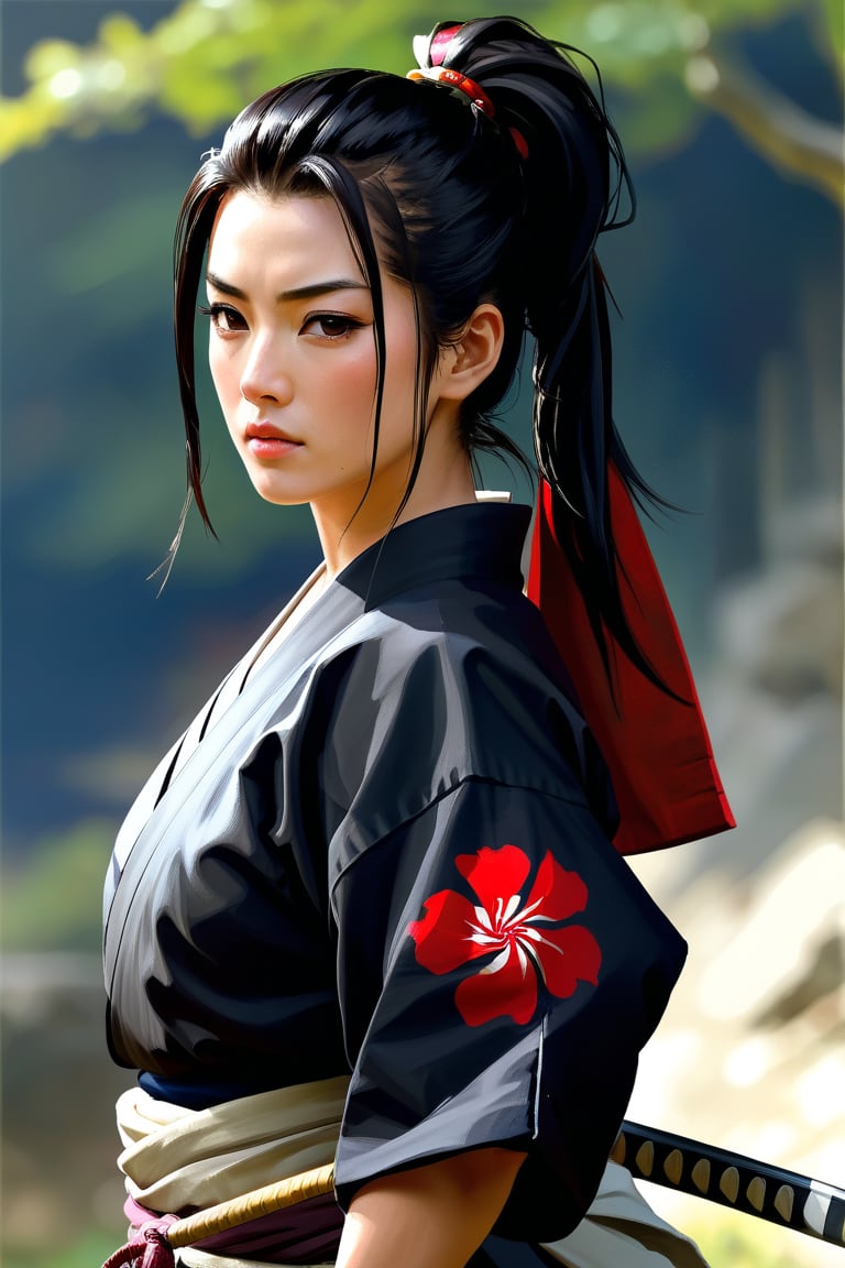 female ronin, woman, scruffy, tomboy, samurai, japanese clothes, (high quality, masterpiece), digital painting, upper body, black hair, black shirt, (kimono:0.5), muscular, (freckles:0.4), ponytail, (brush strokes:0.7)